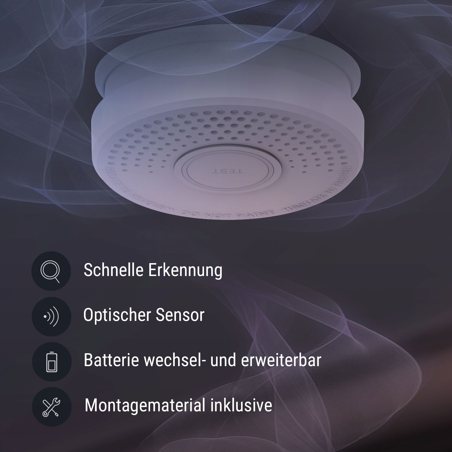 Ein weißer Rauchmelder mit Symbolen und Text, die seine Funktionen beschreiben, mit rauchartigem Hintergrund.