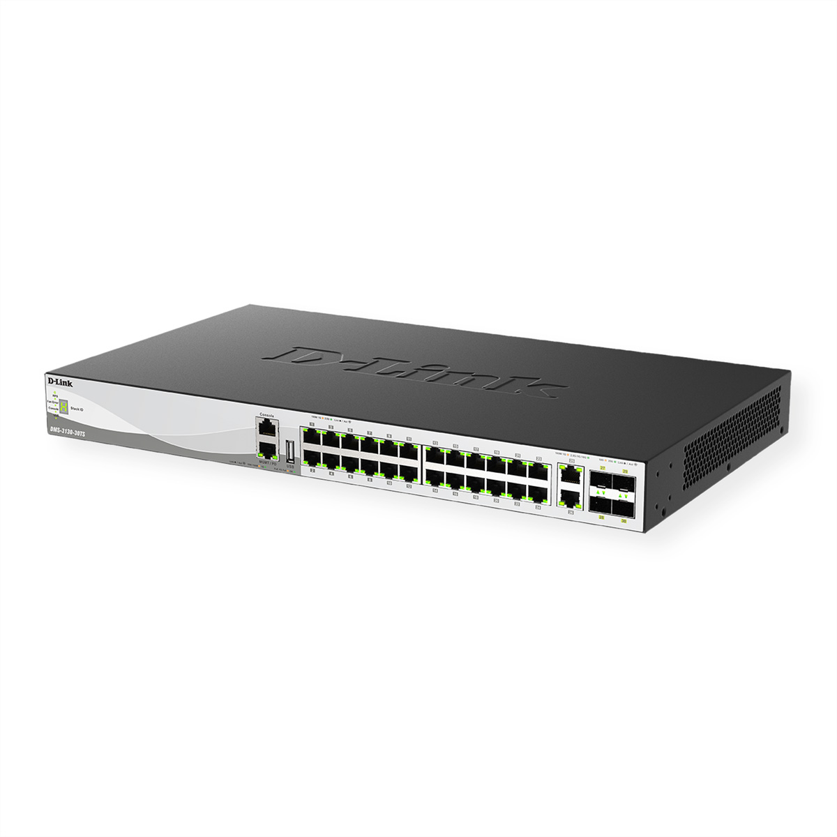 Schwarzer D-Link Netzwerk-Switch. Viele Ports, silberne Details und Logo sichtbar.