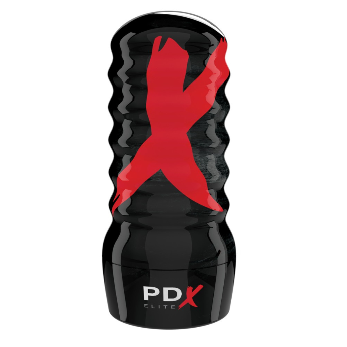 Ein schwarzes Sexspielzeug mit einem roten 'X'-Design und dem Text 'PDX ELITE'.