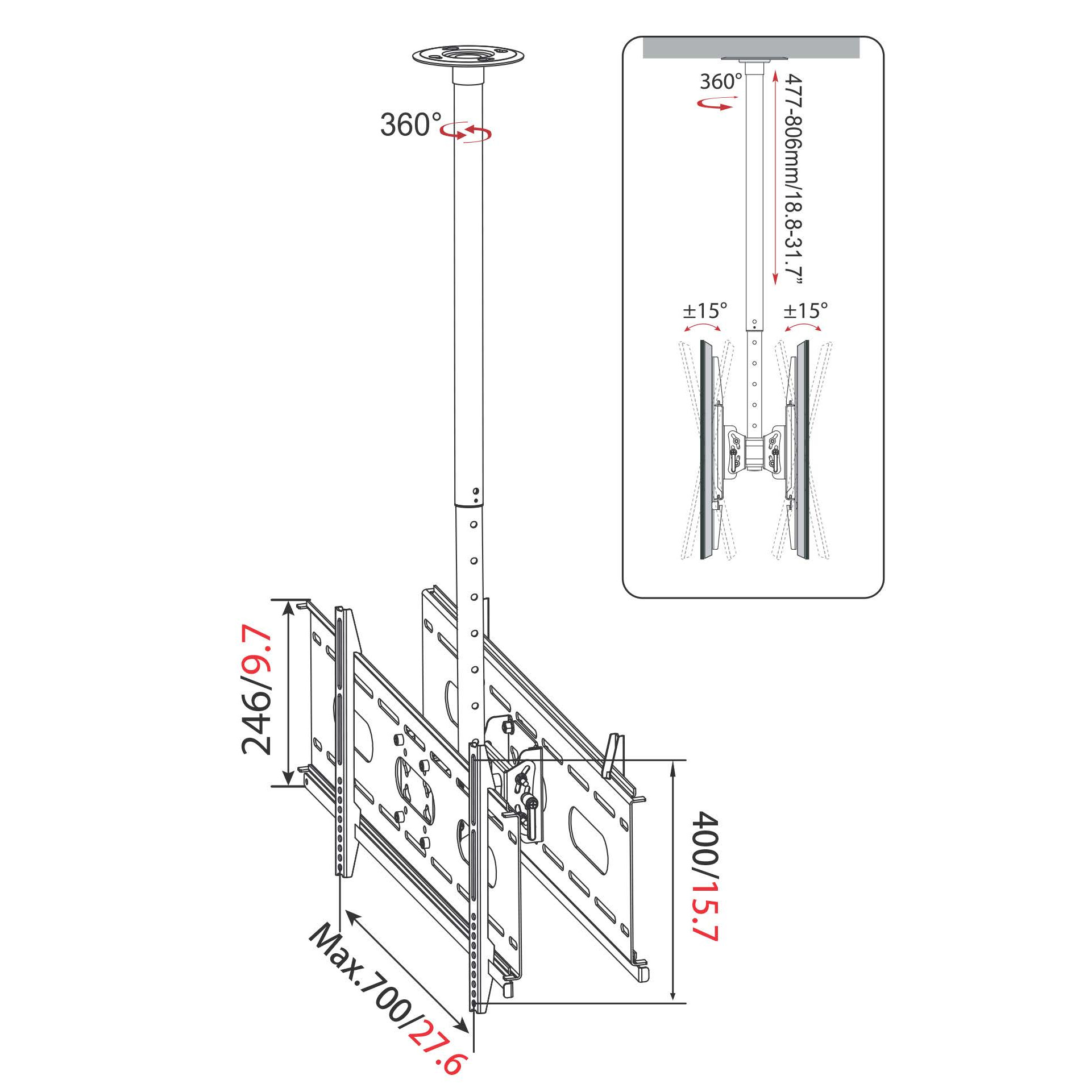 Soporte de TV de techo, con dimensiones y flechas direccionales sobre fondo blanco.