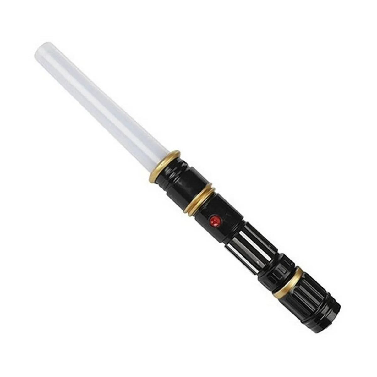 Ein Star Wars Lichtschwert, weiße Klinge, schwarzer und goldener Griff. Es ist auf weißem Hintergrund.