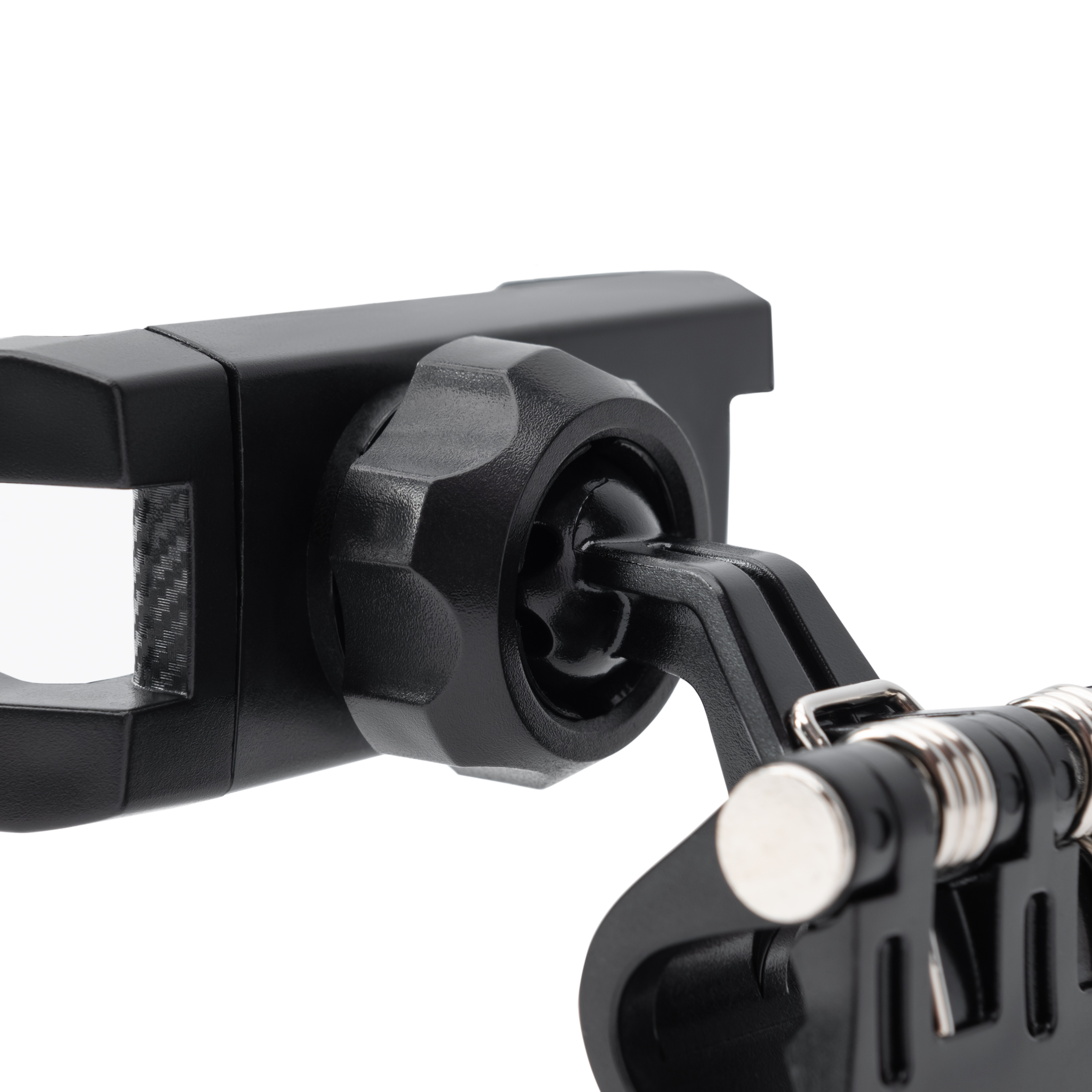 Czarny zacisk uchwytu na telefon z regulowanym pokrętłem i metalowym zawiasem.