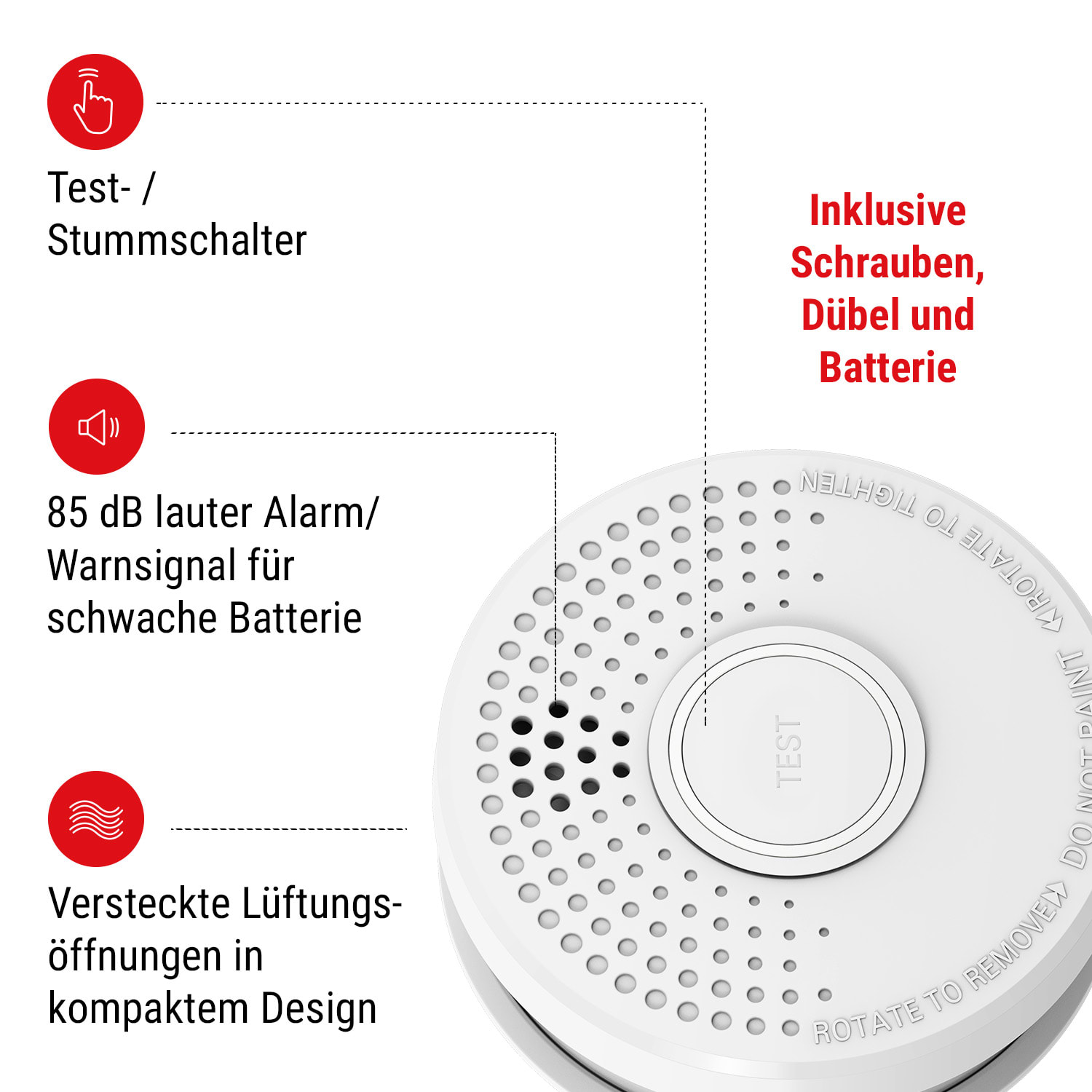 Weißer Rauchmelder mit Beschriftung. Merkmale sind Alarm, Testknopf und Lüftungsöffnungen.