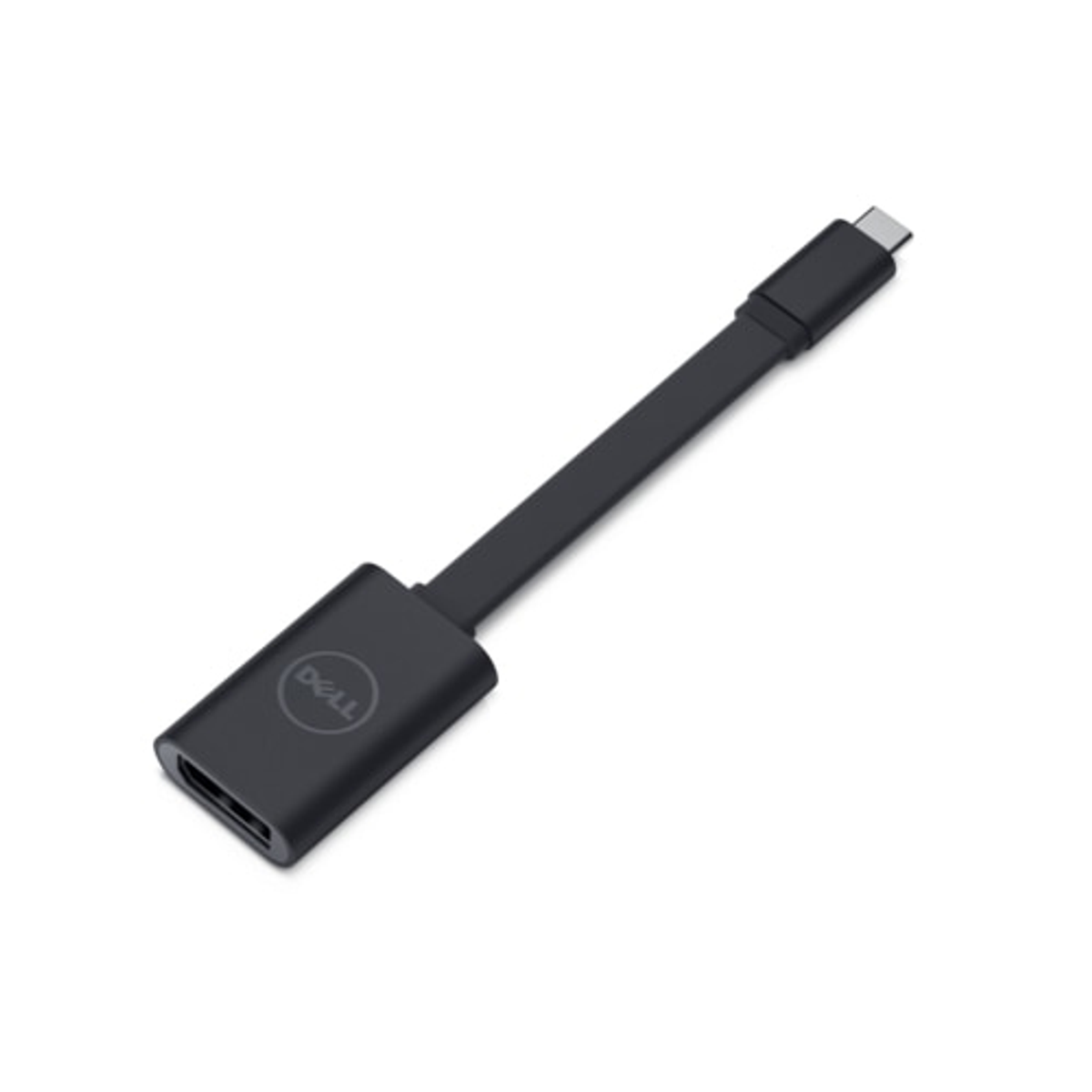 Un cable adaptador USB-C a HDMI negro sobre un fondo blanco.