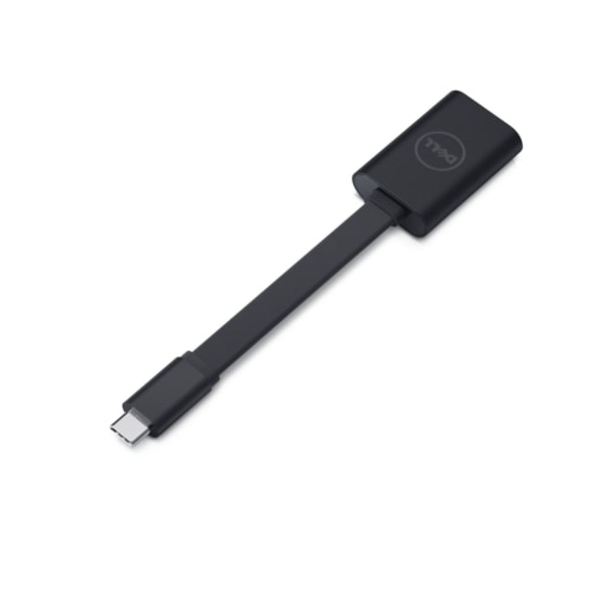 Adaptador USB-C negro de Dell. Tiene un conector USB-C en un extremo y un logotipo de Dell en el otro.