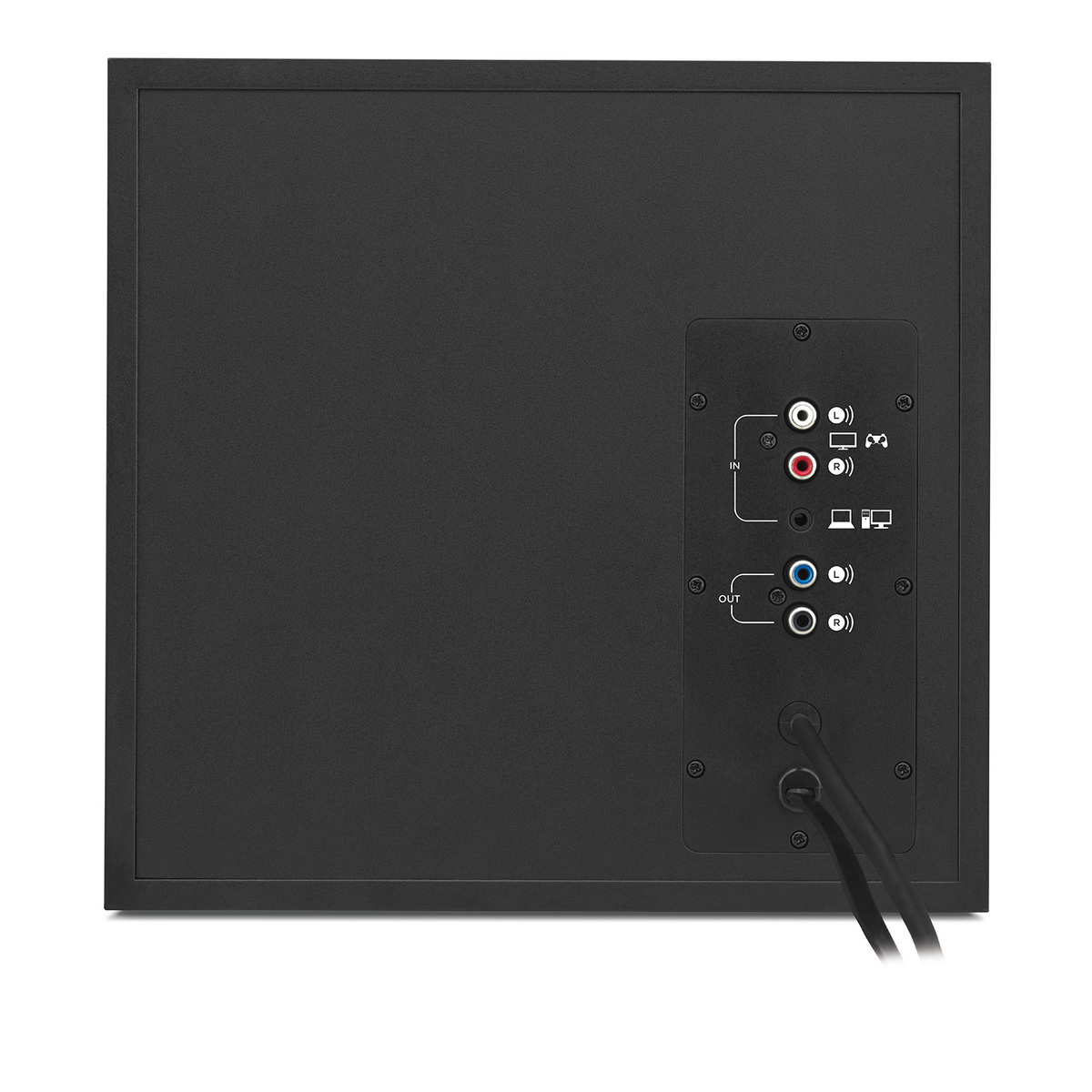 Retro di altoparlante nero con porte e fili, su sfondo bianco.