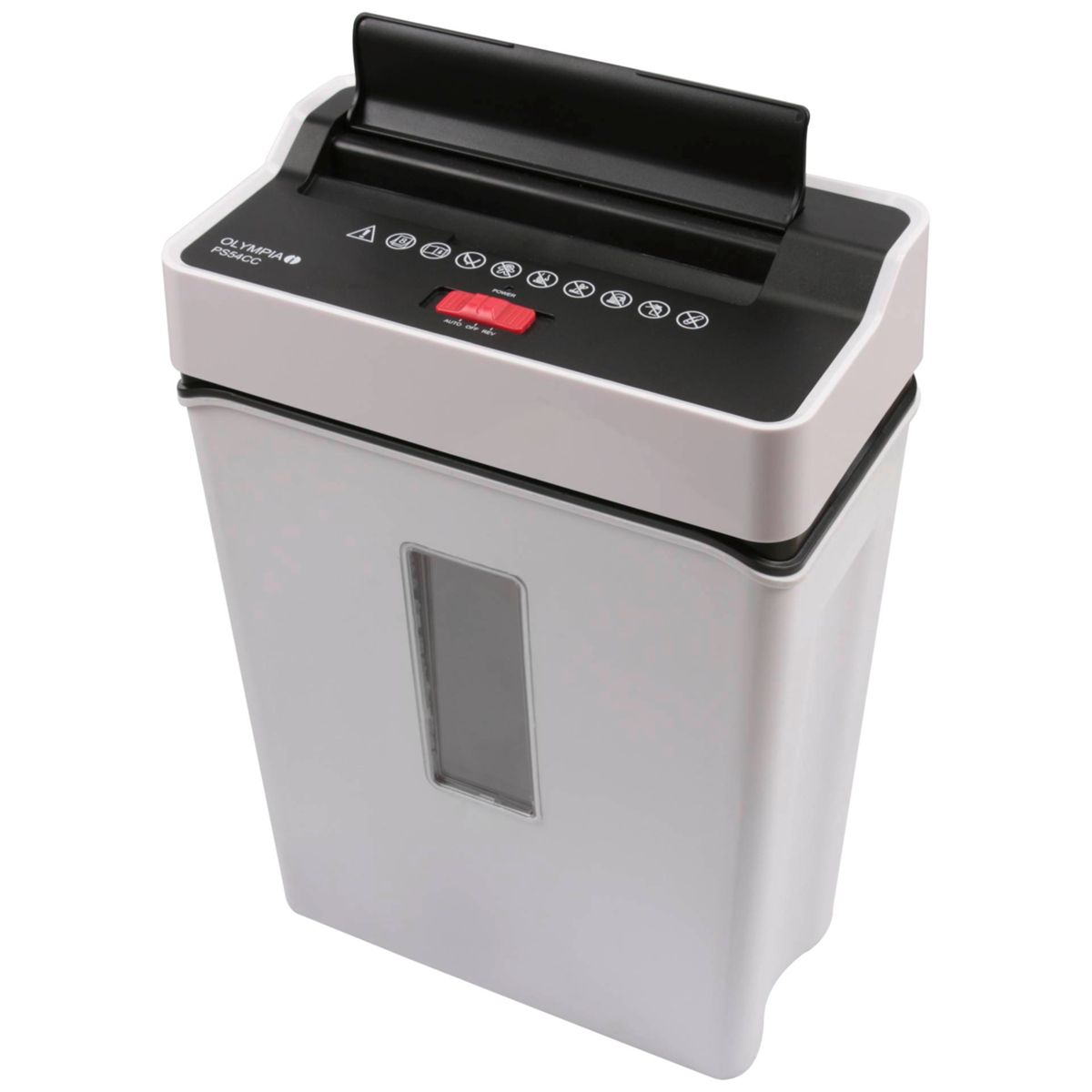 Biała niszczarka do papieru z czarnym blatem i czerwonym przyciskiem zasilania.