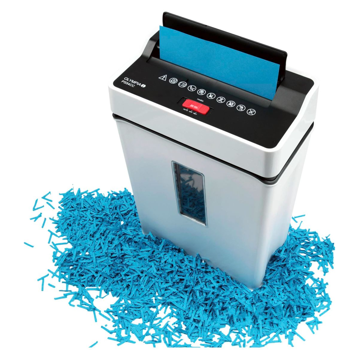 Biało-szara niszczarka papieru z niebieskim pociętym papierem wokół niej.