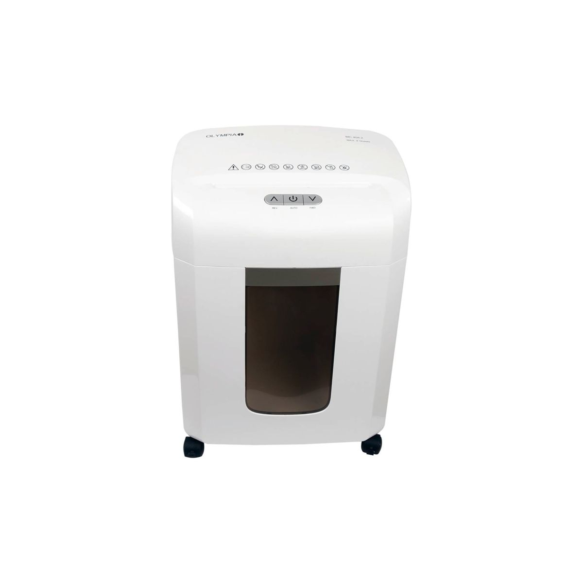 Biała niszczarka do papieru z elementami sterującymi. Ma widoczny pojemnik na odpady i małe kółka.