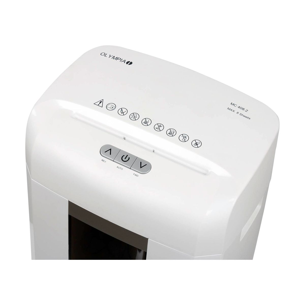 Biała niszczarka do papieru Olympia z opisanym panelem sterowania. Jest napisane Olympia i MC 408.2.