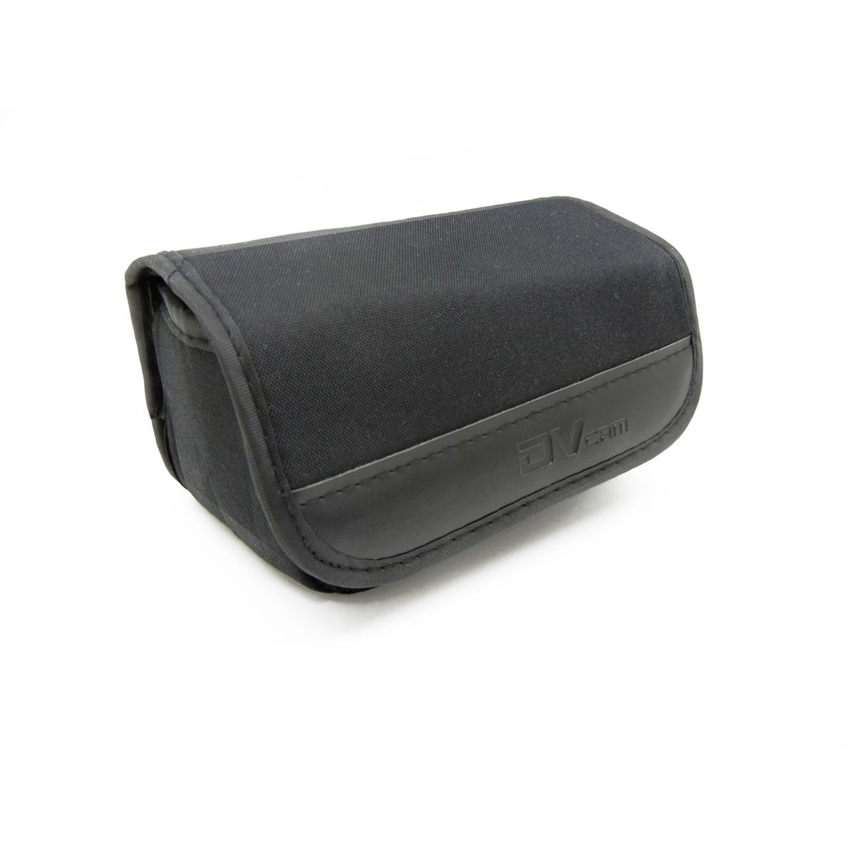 Czarna torba na aparat z wykończeniem imitującym skórę.