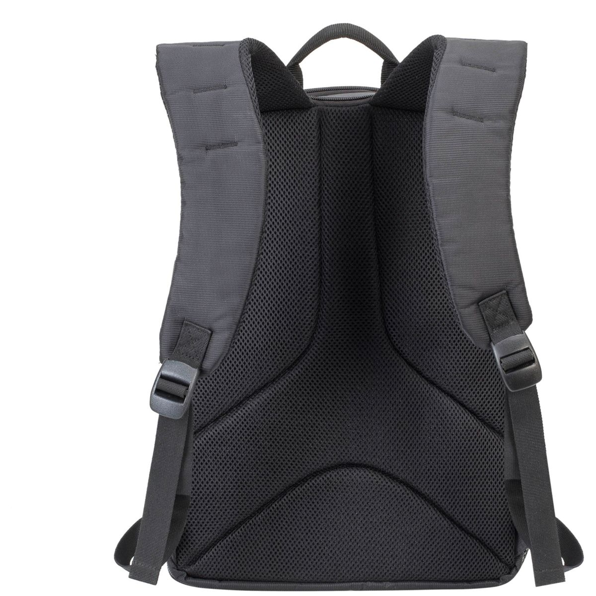 Ein dunkelgrauer Rucksack von hinten gesehen. Merkmale sind Mesh-Rückwand, Schultergurte und zwei seitliche Schnallen.