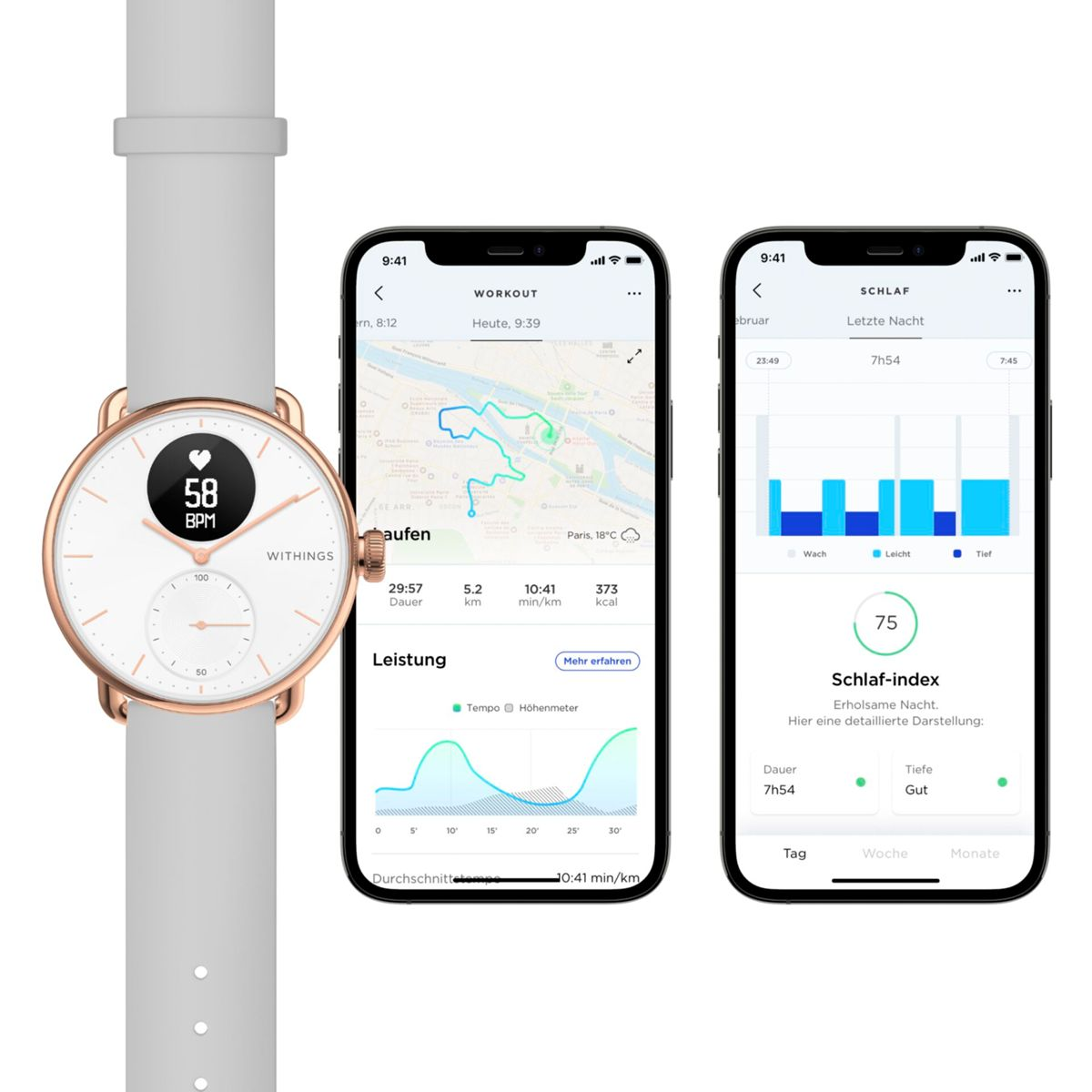 Eine weiße Smartwatch mit Roségold-Rand neben zwei iPhones, die Trainings- und Schlafdaten anzeigen.