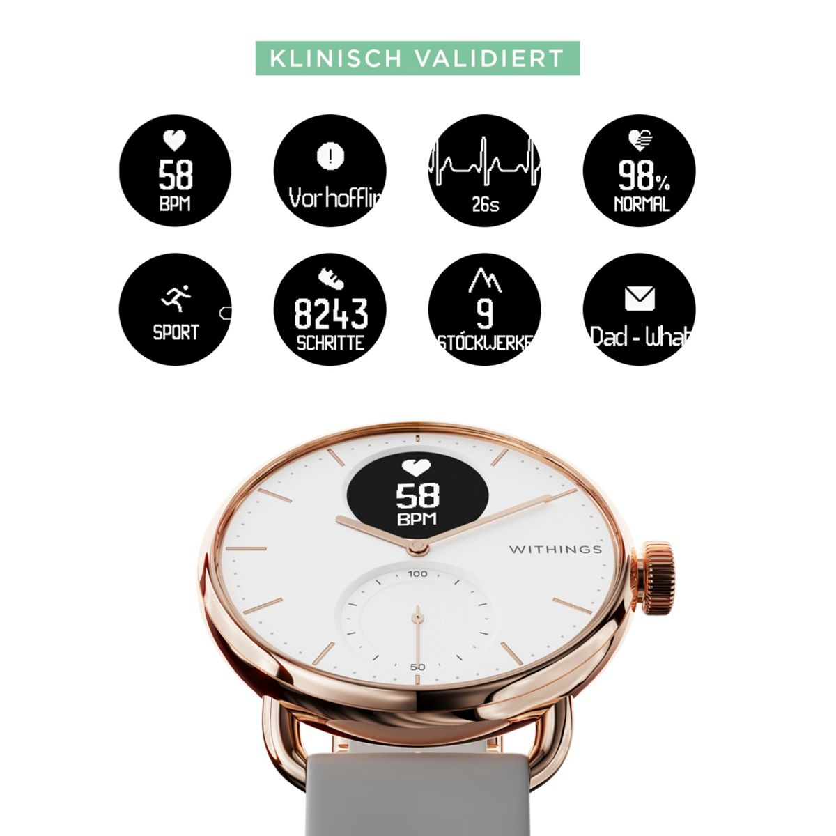 Smartwatch zeigt 58 BPM, 8243 Schritte, 9 Stockwerke & 98% normal an.