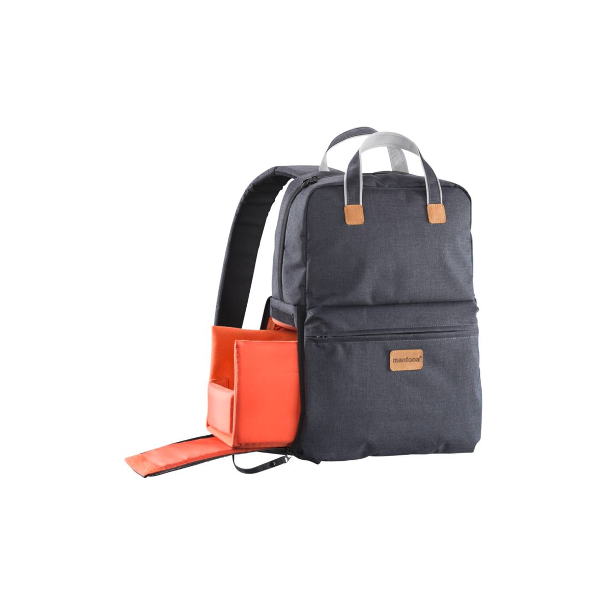 Dunkelgrauer Rucksack mit einer orangefarbenen Tasche und einem braunen Ledergriff.