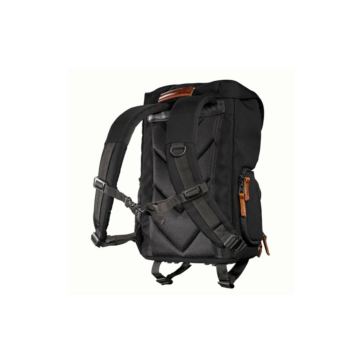 Ein schwarzer Rucksack mit gepolsterten Schultergurten, braunen Lederakzenten und einer Netz-Rückseite.