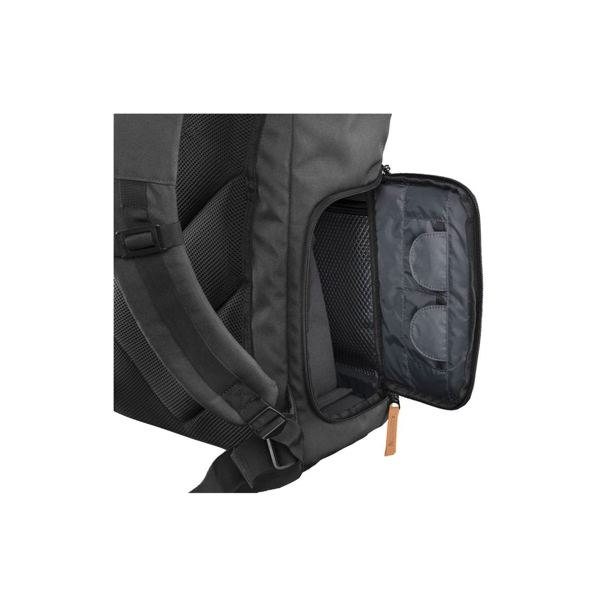 Ein grauer Rucksack mit seitlicher Reißverschlusstasche und integrierten Innenfächern.
