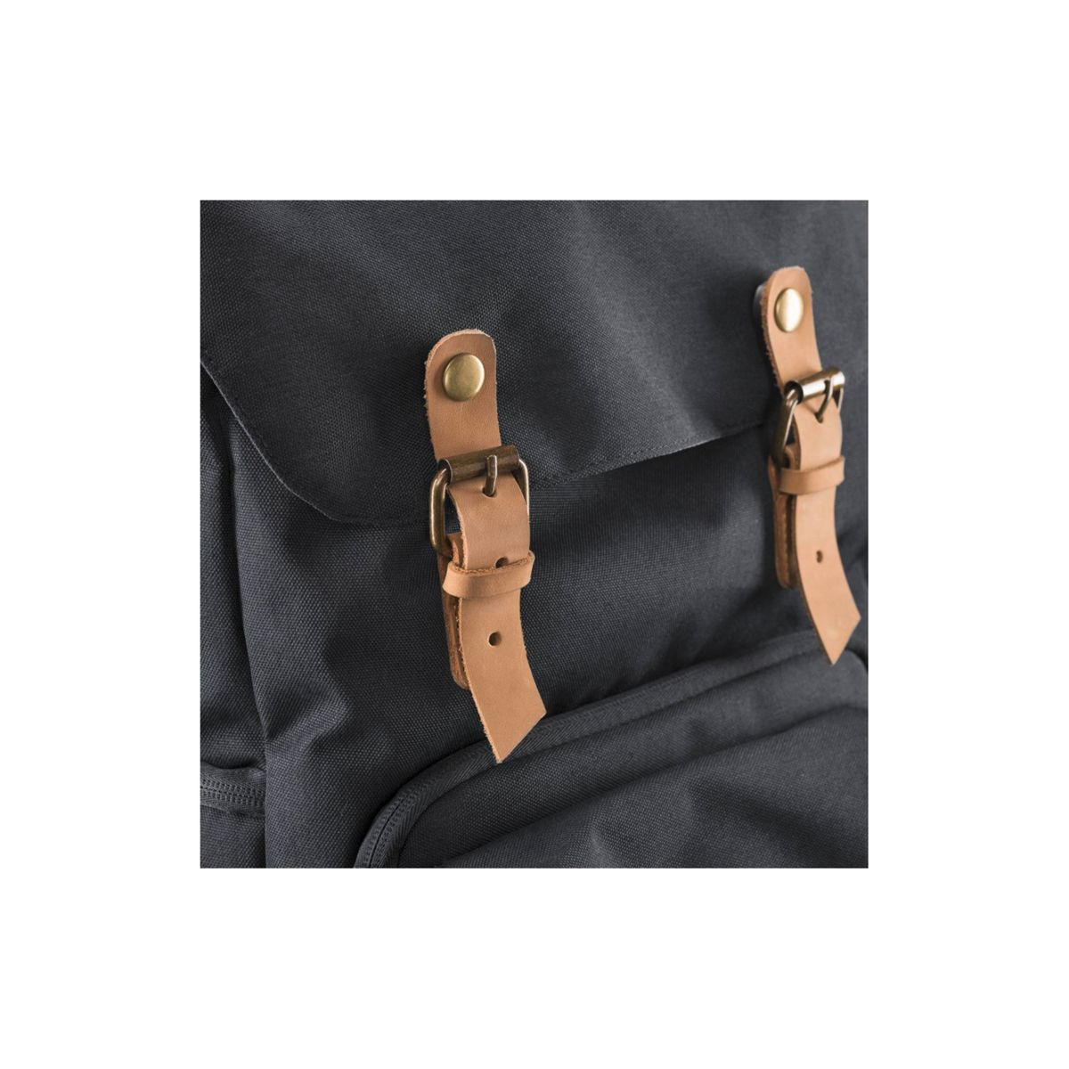 Nahaufnahme eines schwarzen Rucksacks mit zwei braunen Lederriemen und Metallknöpfen.