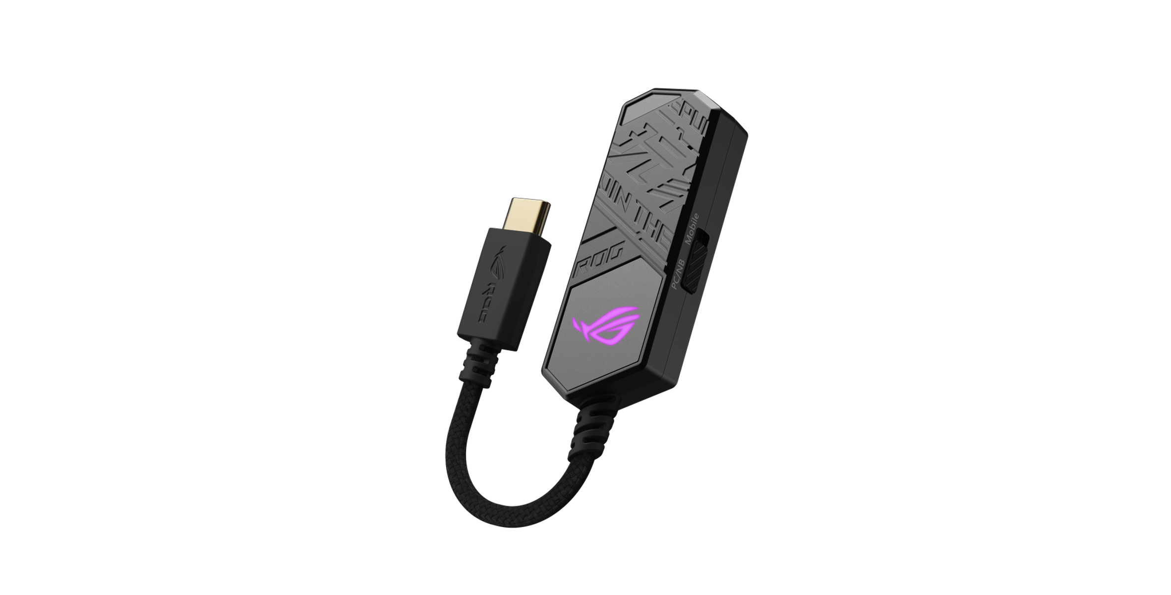 DAC da gaming nero con connettore USB-C e logo ROG su sfondo scuro.