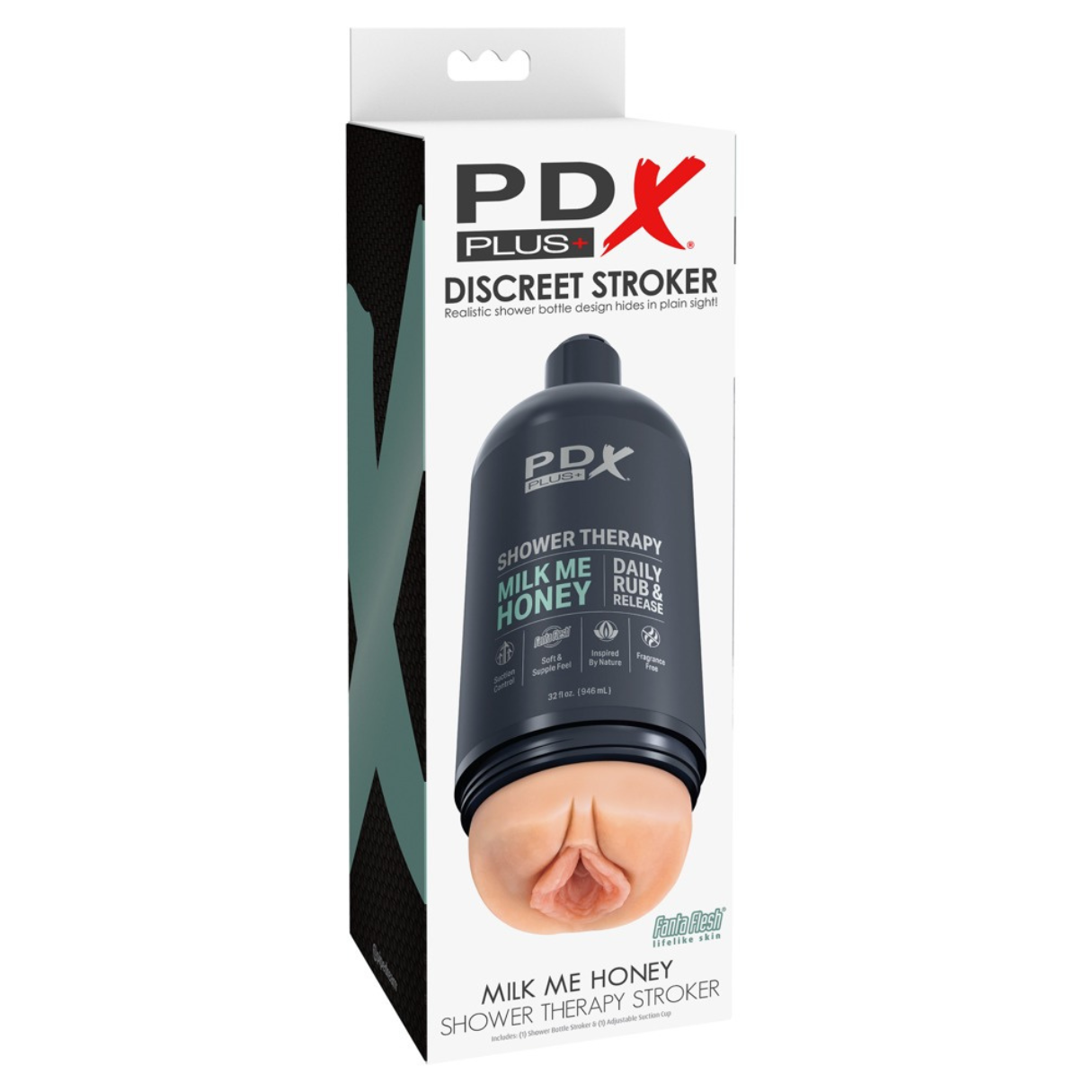 Produktverpackung für einen Dusch-Stroker. Es ist zylindrisch mit einem realistischen, hautähnlichen Aussehen am Boden. Die Box hat Text und Logos.
