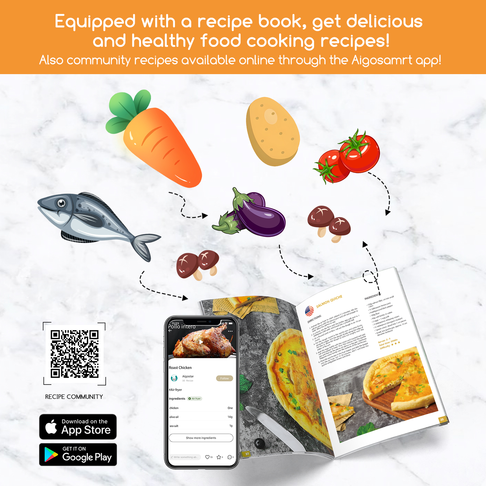 Ilustración de verduras y un libro de recetas con un teléfono. Fondo blanco con texto, código QR y logos de aplicaciones.