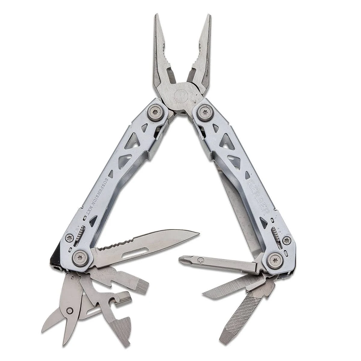 Ein silbernes Multitool mit verschiedenen Werkzeugen ausgeklappt.