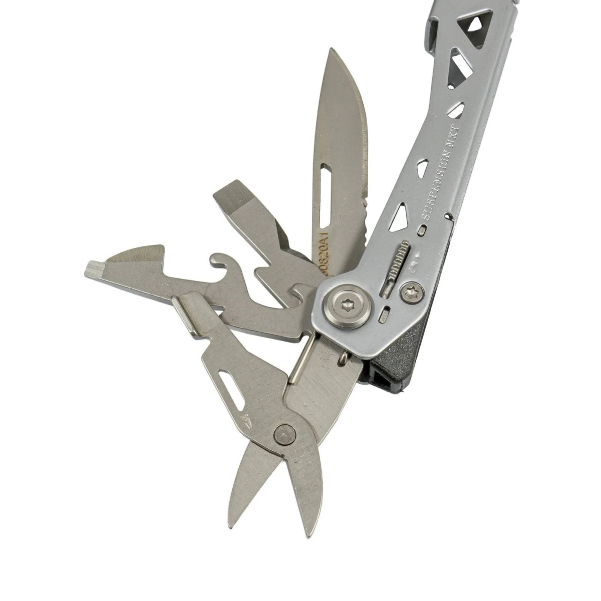 Multitool mit verschiedenen Klingen und Werkzeugen geöffnet. Marke Leatherman sichtbar.