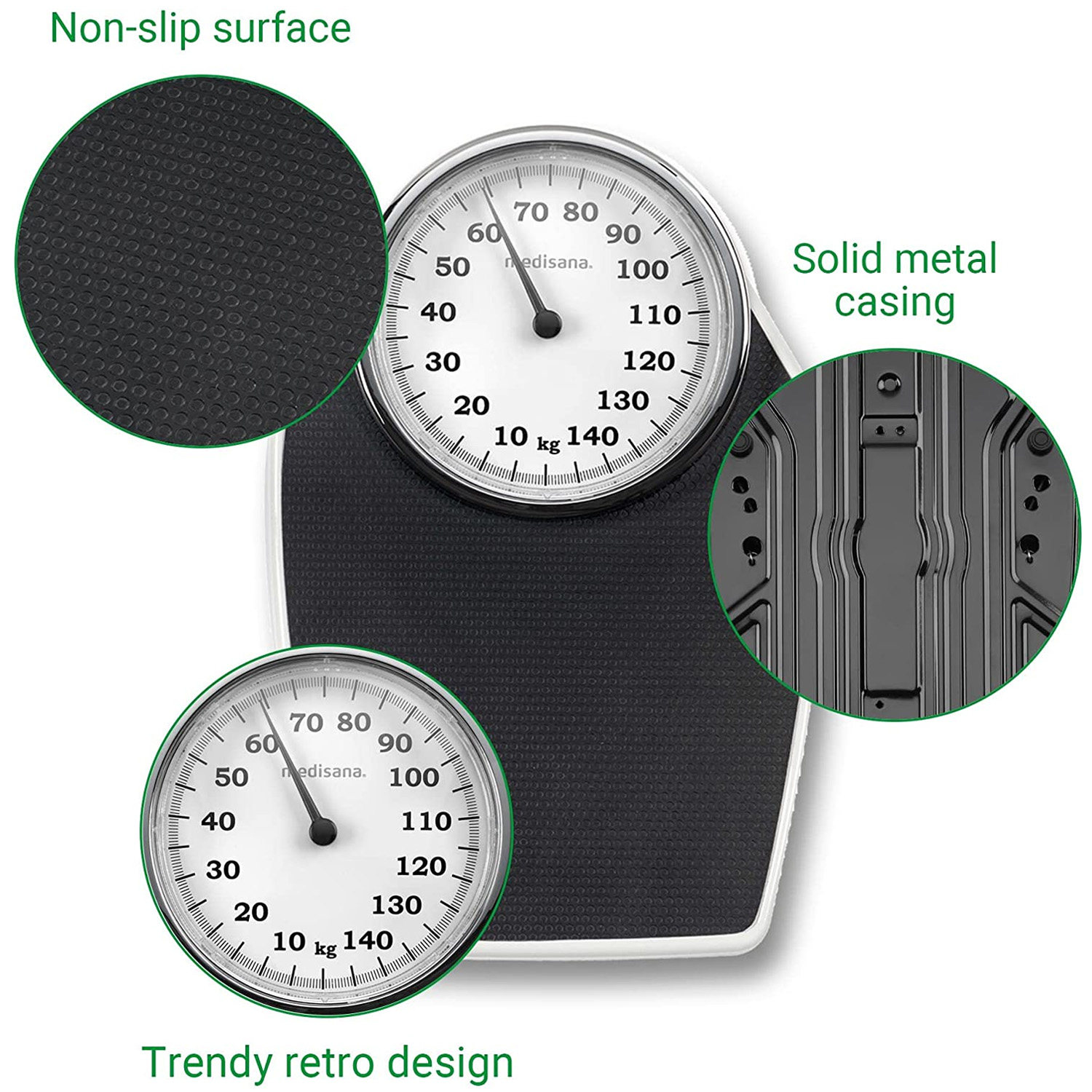 Waga łazienkowa z dwoma tarczami. Czarna powierzchnia z antypoślizgową teksturą i detalami metalowej obudowy.