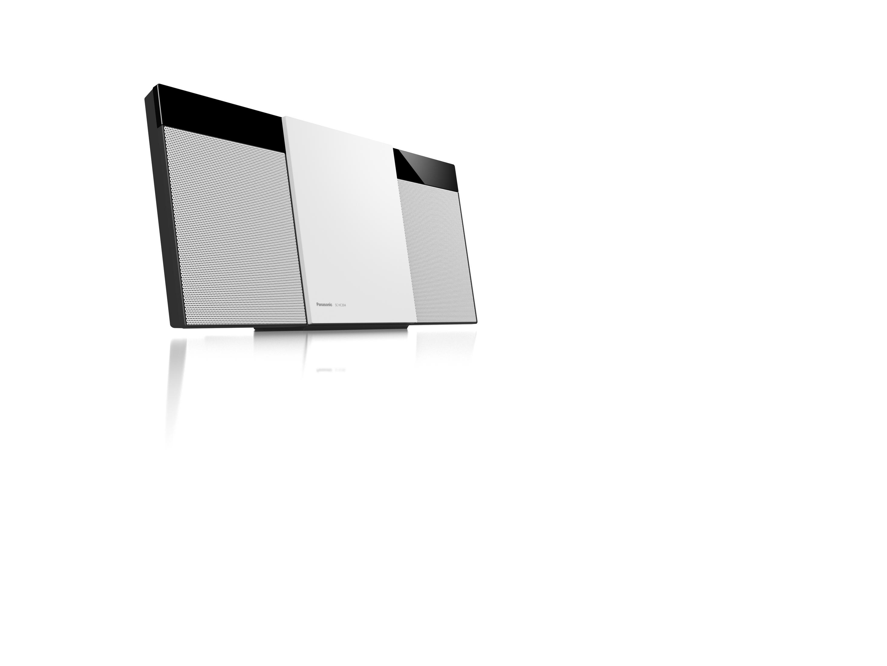 Ein schwarz-weißes Audiosystem mit weißem Hintergrund.