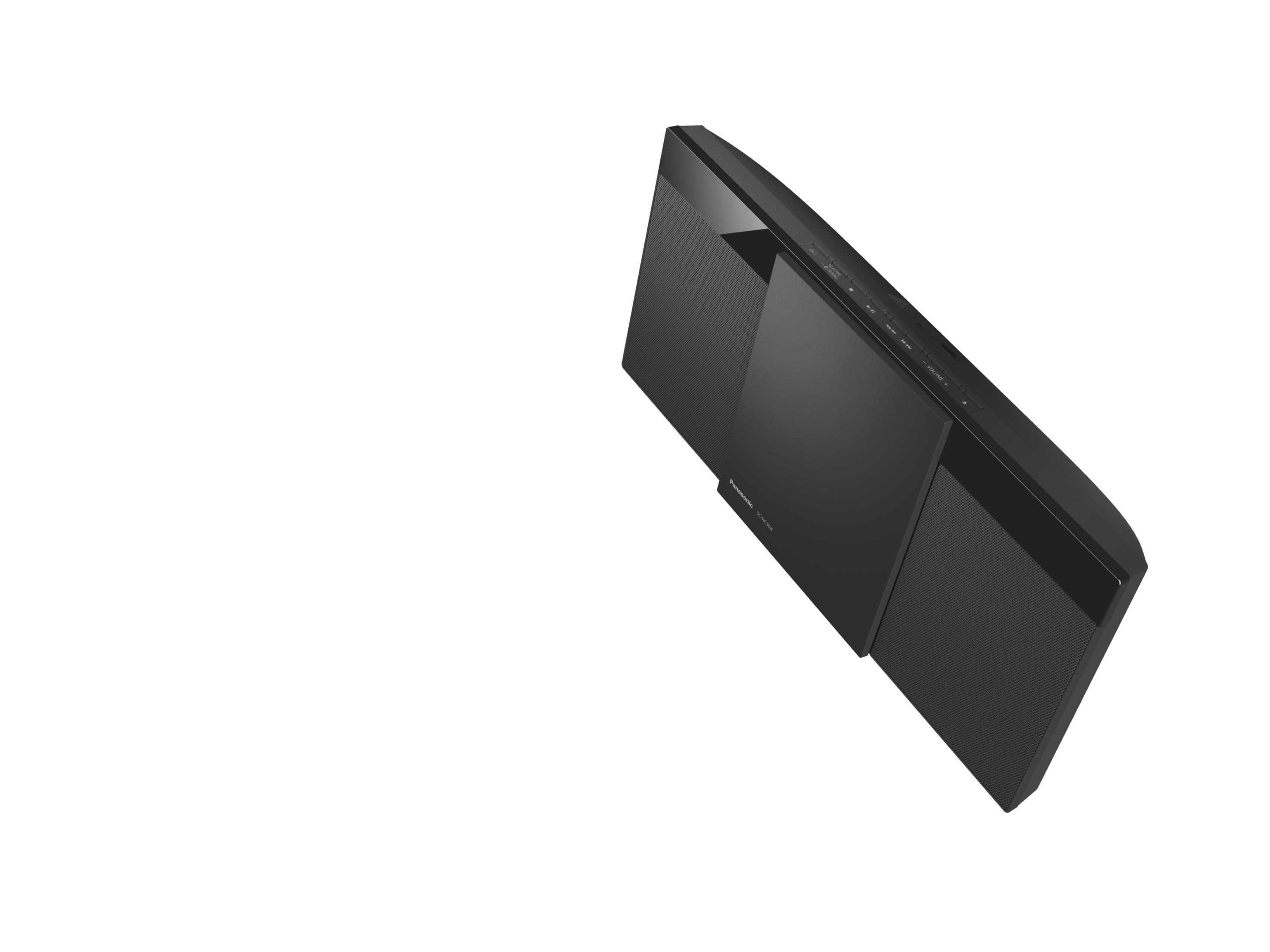 Schwarze Soundbar, schräge Ansicht. Rechteckige Form, sichtbarer Lautsprechergrill und Bedienfeld oben.