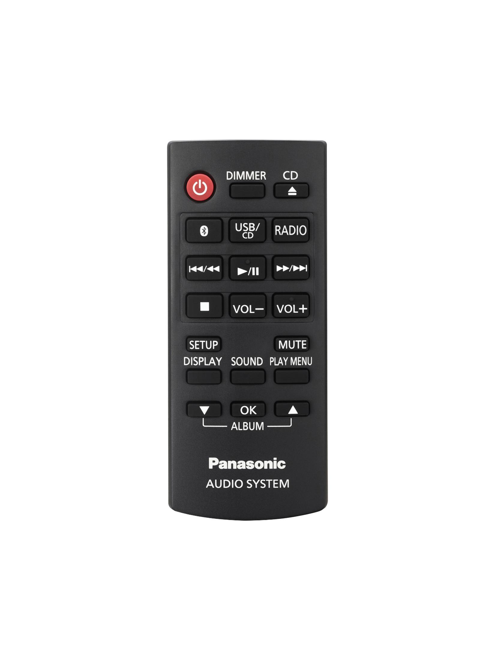 Schwarze Panasonic Audio-Fernbedienung mit Tasten für CD, Radio usw.