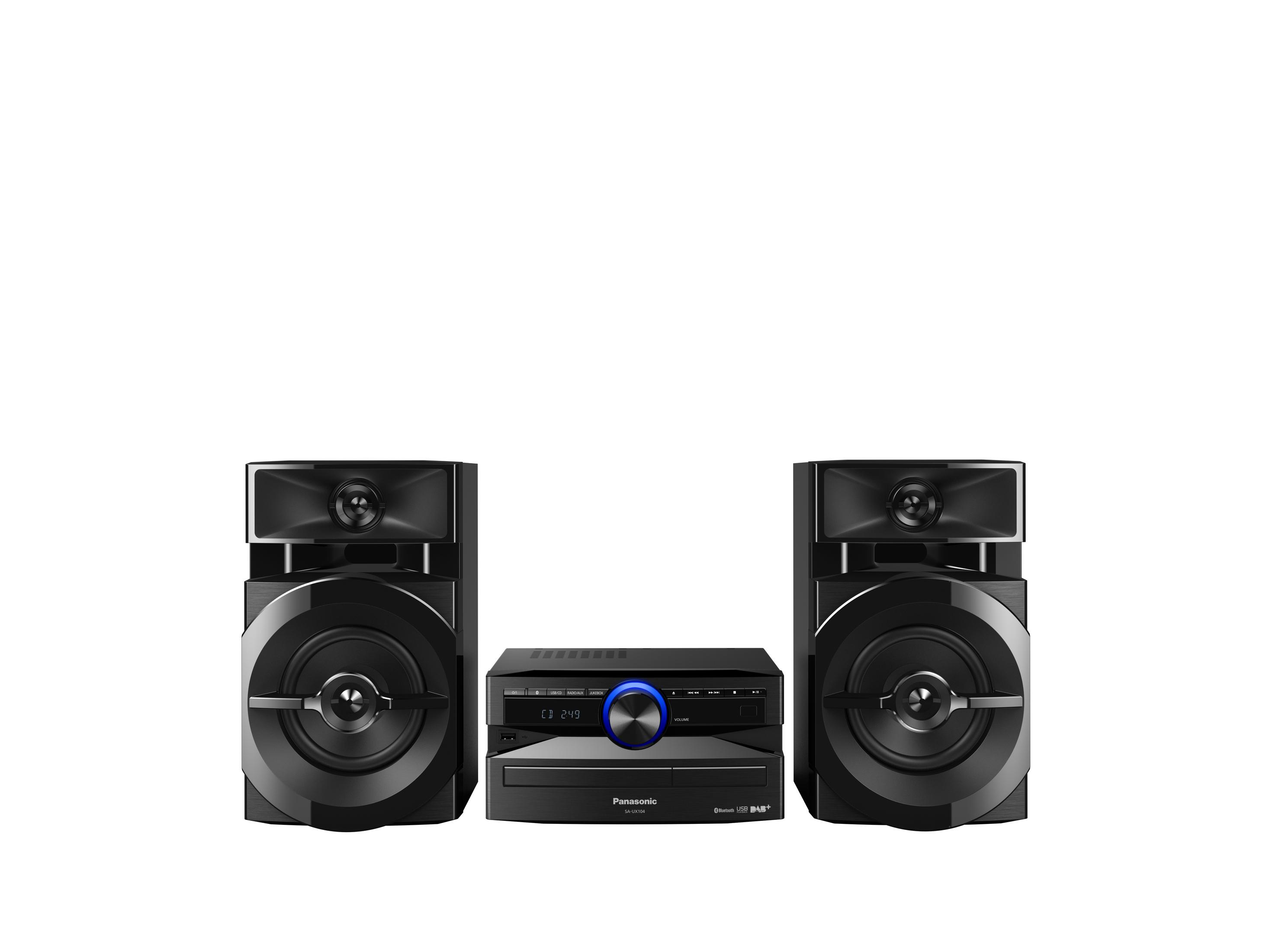 Impianto stereo nero con due altoparlanti e un'unità centrale. L'unità centrale ha un display.