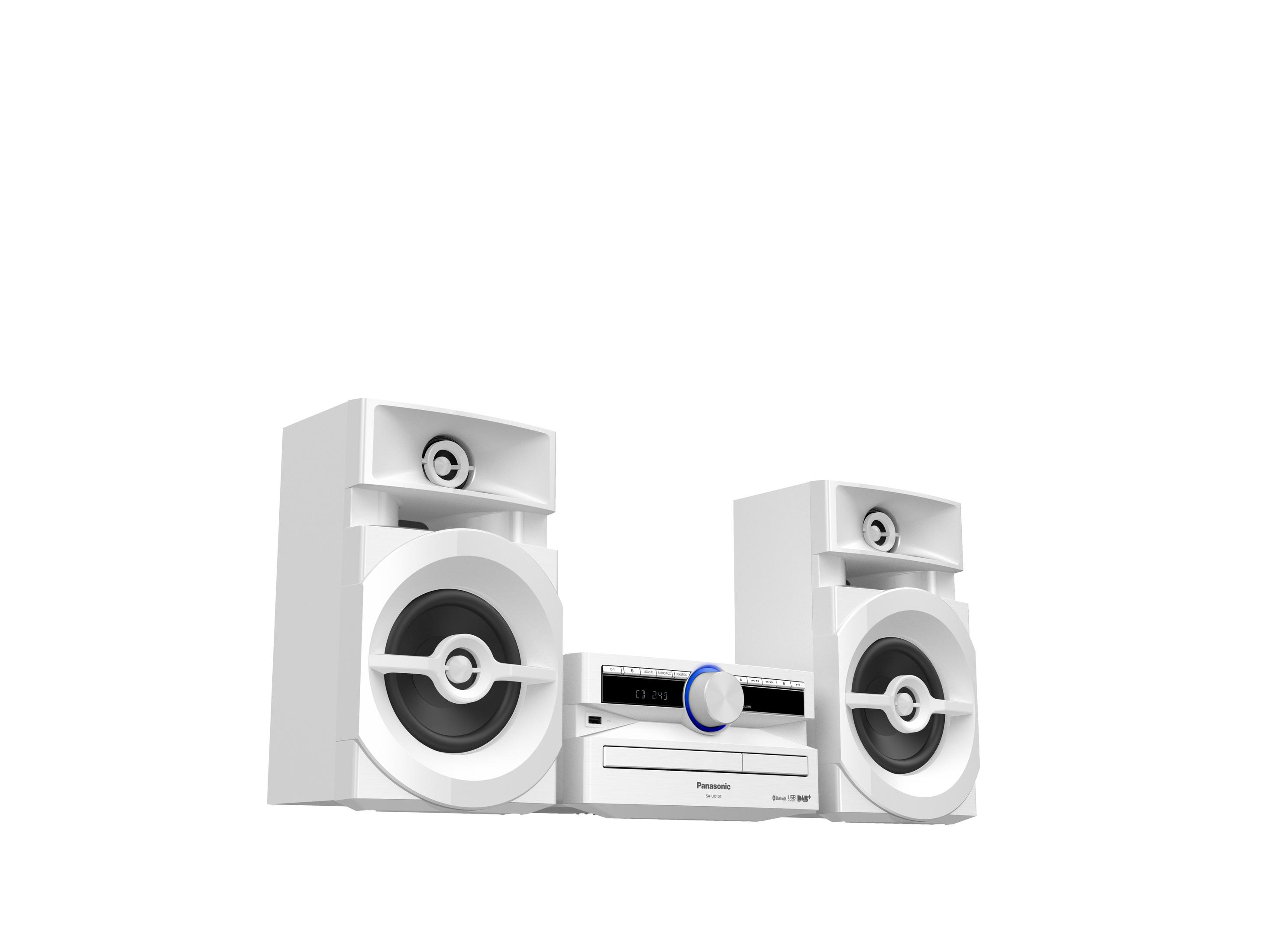 Sistema estéreo Panasonic blanco con dos altavoces a los lados. Una unidad central tiene una pantalla.