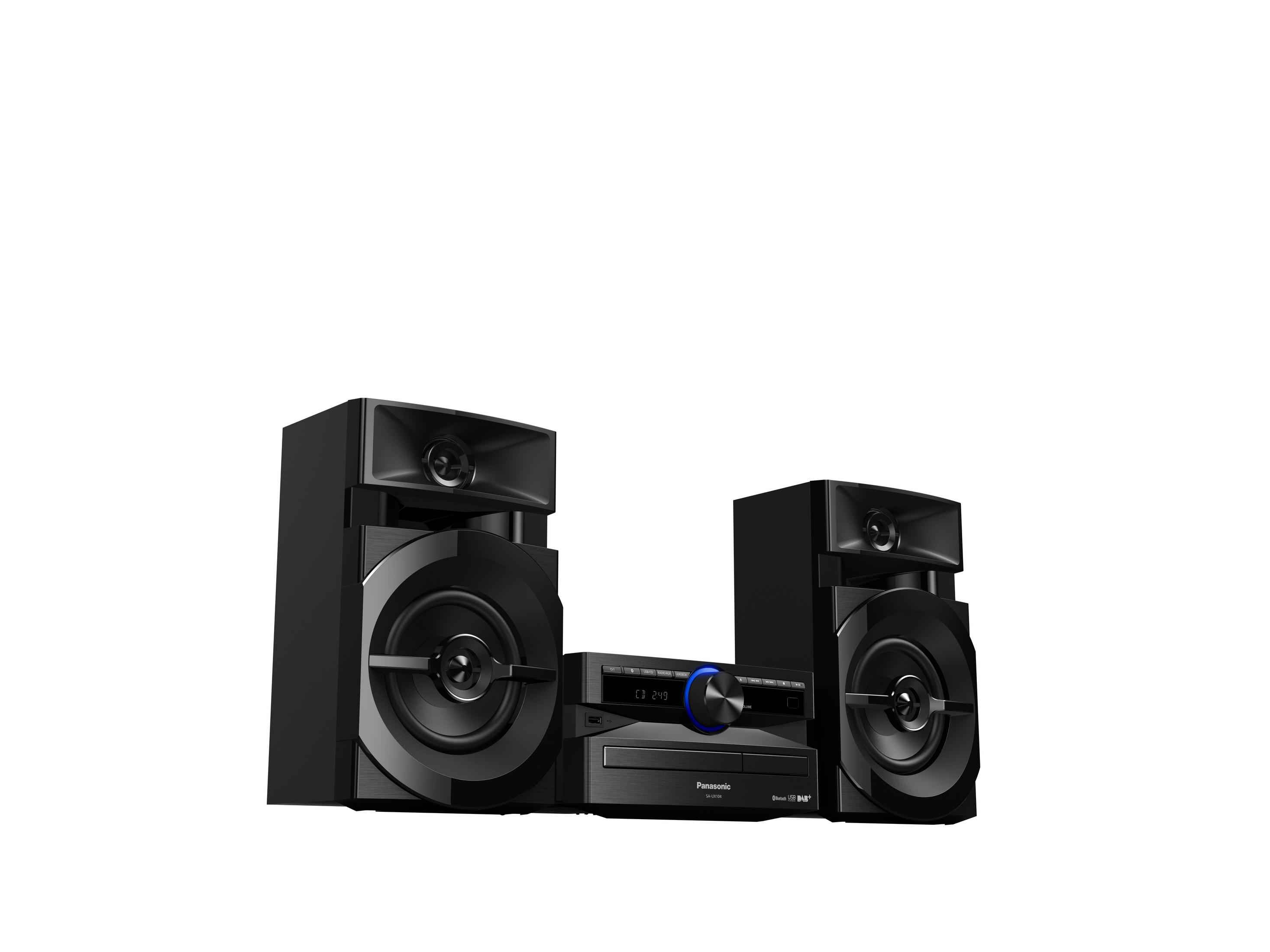 Impianto stereo nero con due altoparlanti e un'unità centrale. Sfondo bianco.