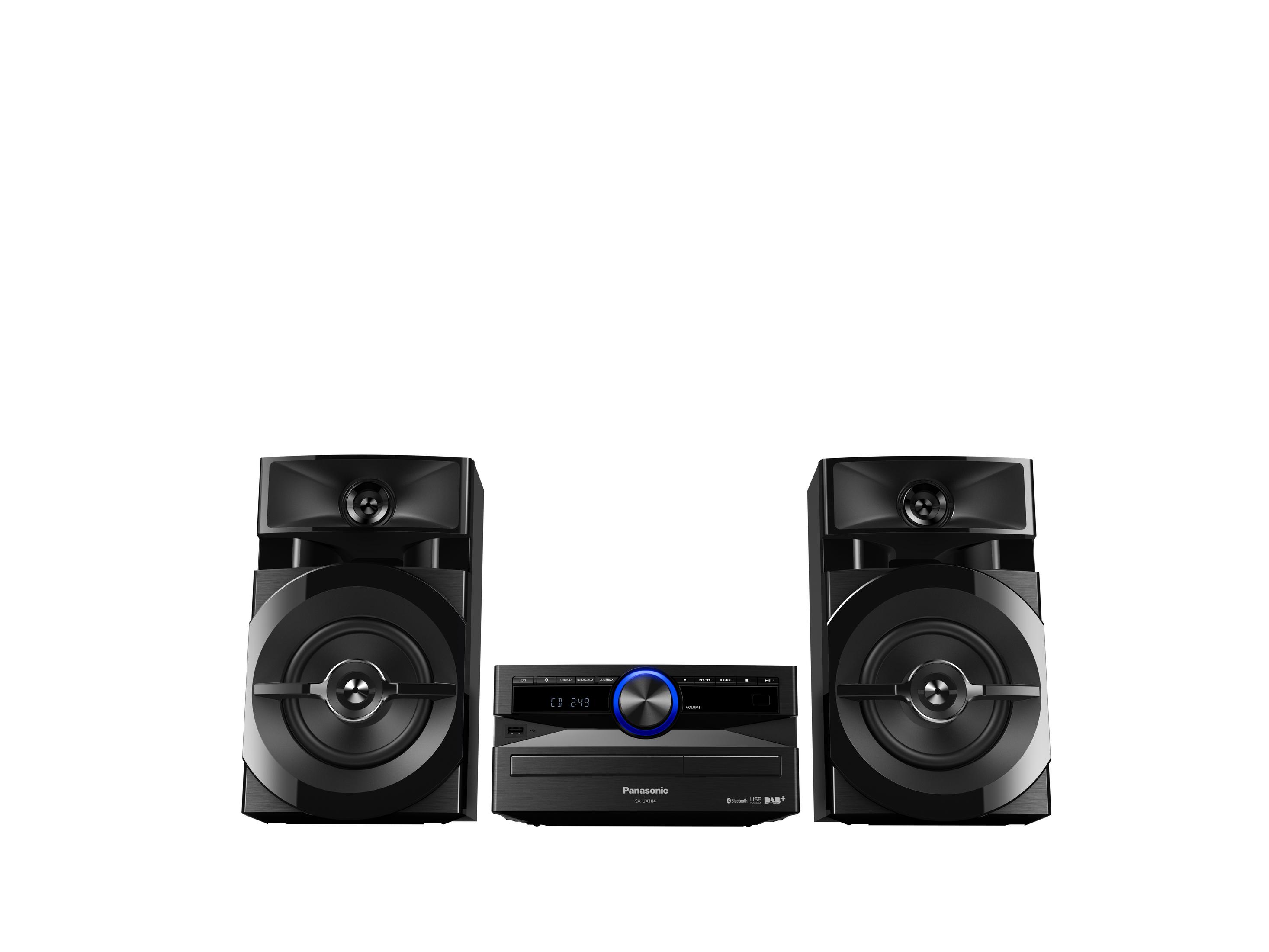 Un impianto stereo con due altoparlanti e un'unità centrale, tutto nero su sfondo bianco.
