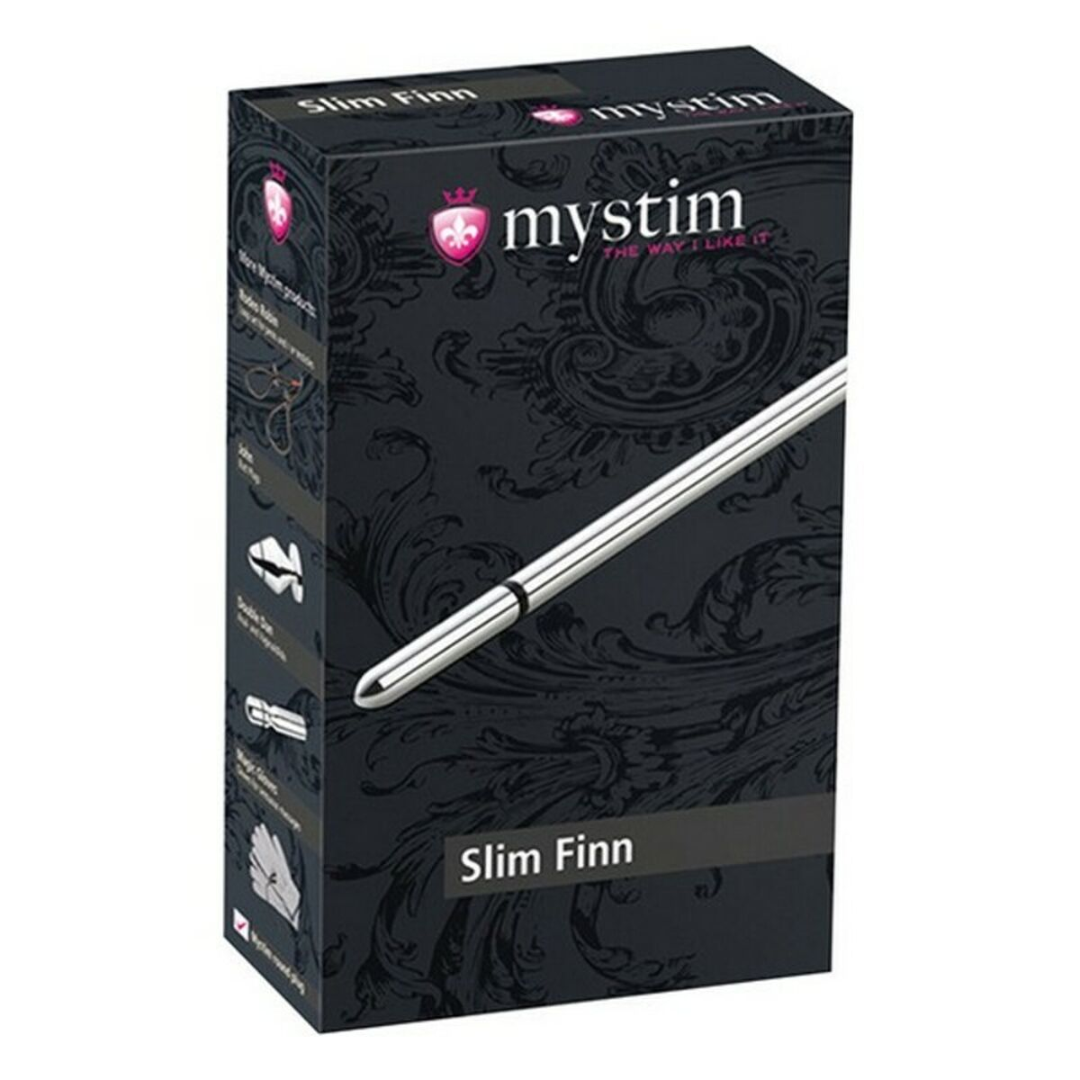 Schwarze Schachtel von Slim Finn von Mystim, mit silbernem Stabbild und Text.