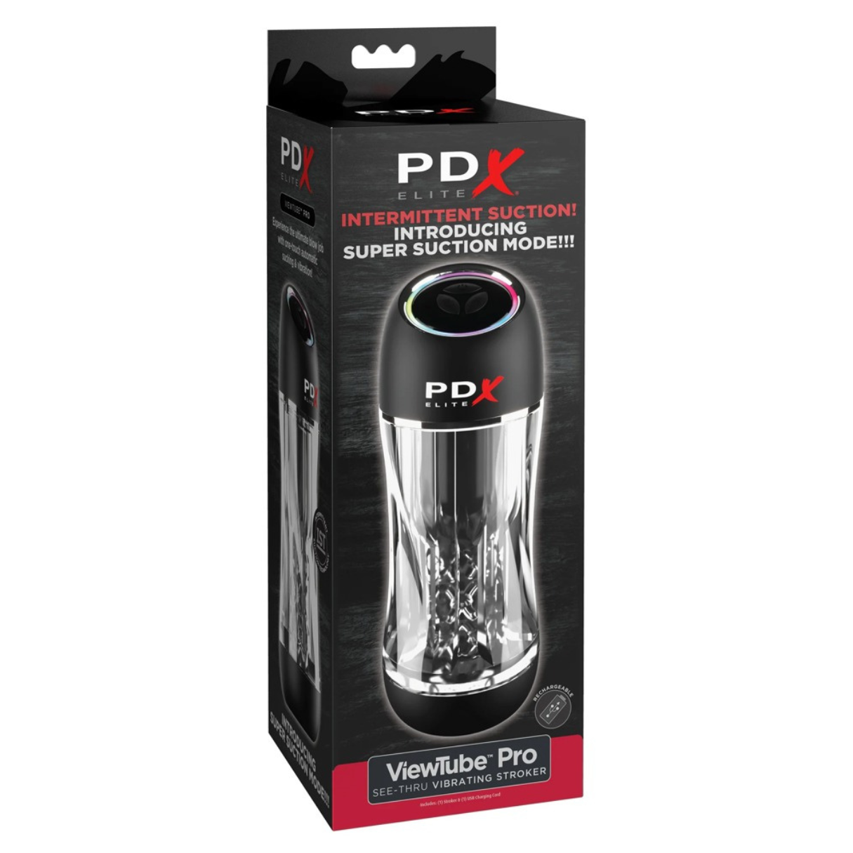 PDX Elite ViewTube Pro Vibrator in einer Box. Schwarz und klarer Kunststoff, Produktdetails auf der Verpackung.
