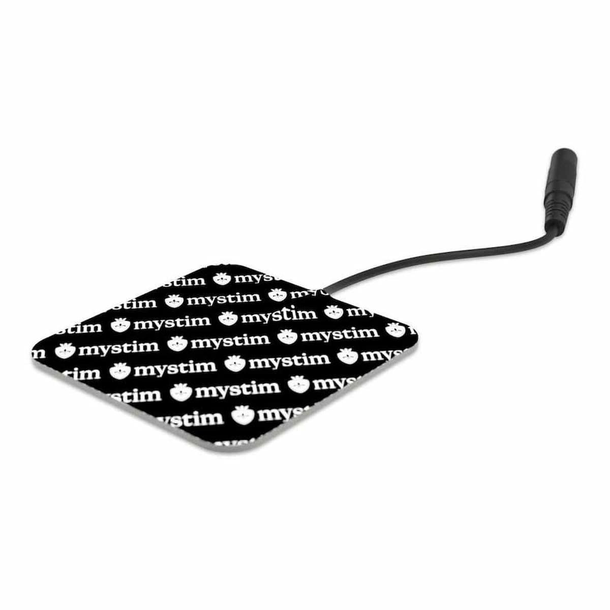 Schwarz-weiß Elektrodenpad mit 'mystim'-Text und schwarzem Draht.