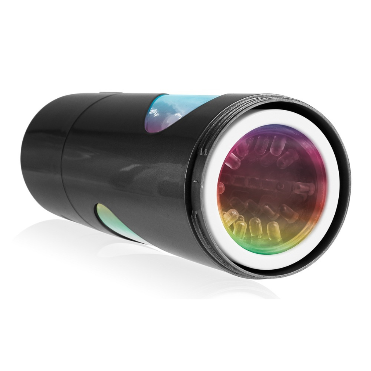 Schwarzes Sexspielzeug mit weißem Rand und regenbogenfarbenem Innenraum auf weißem Hintergrund.