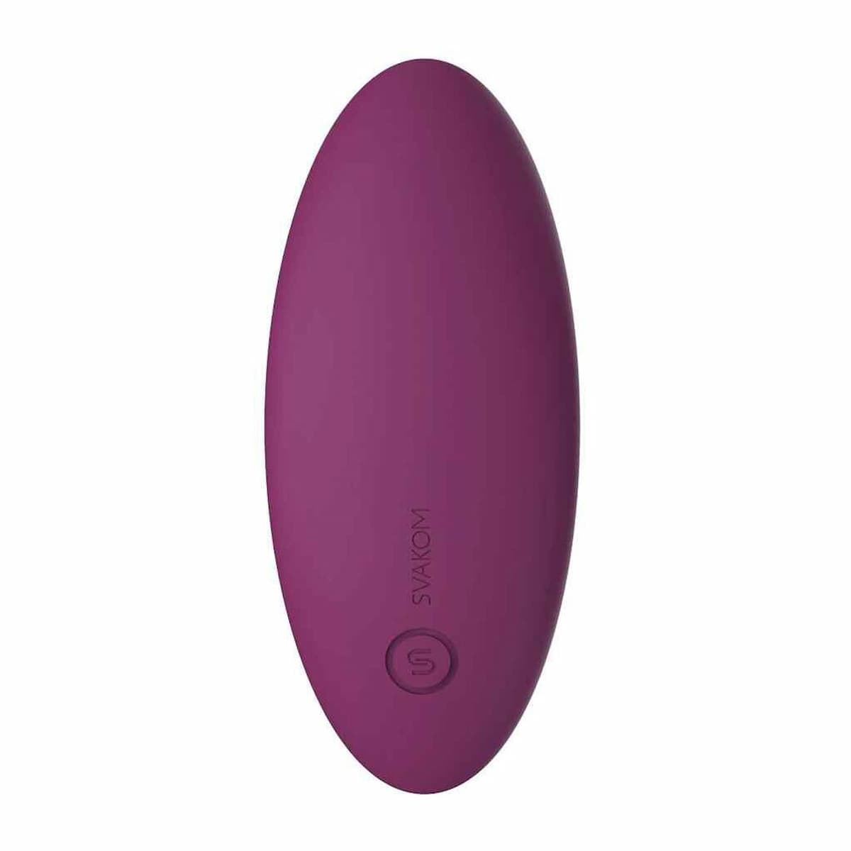 Ein lila Vibrator in ovaler Form, mit dem Wort 'SVAKOM' auf der Seite.