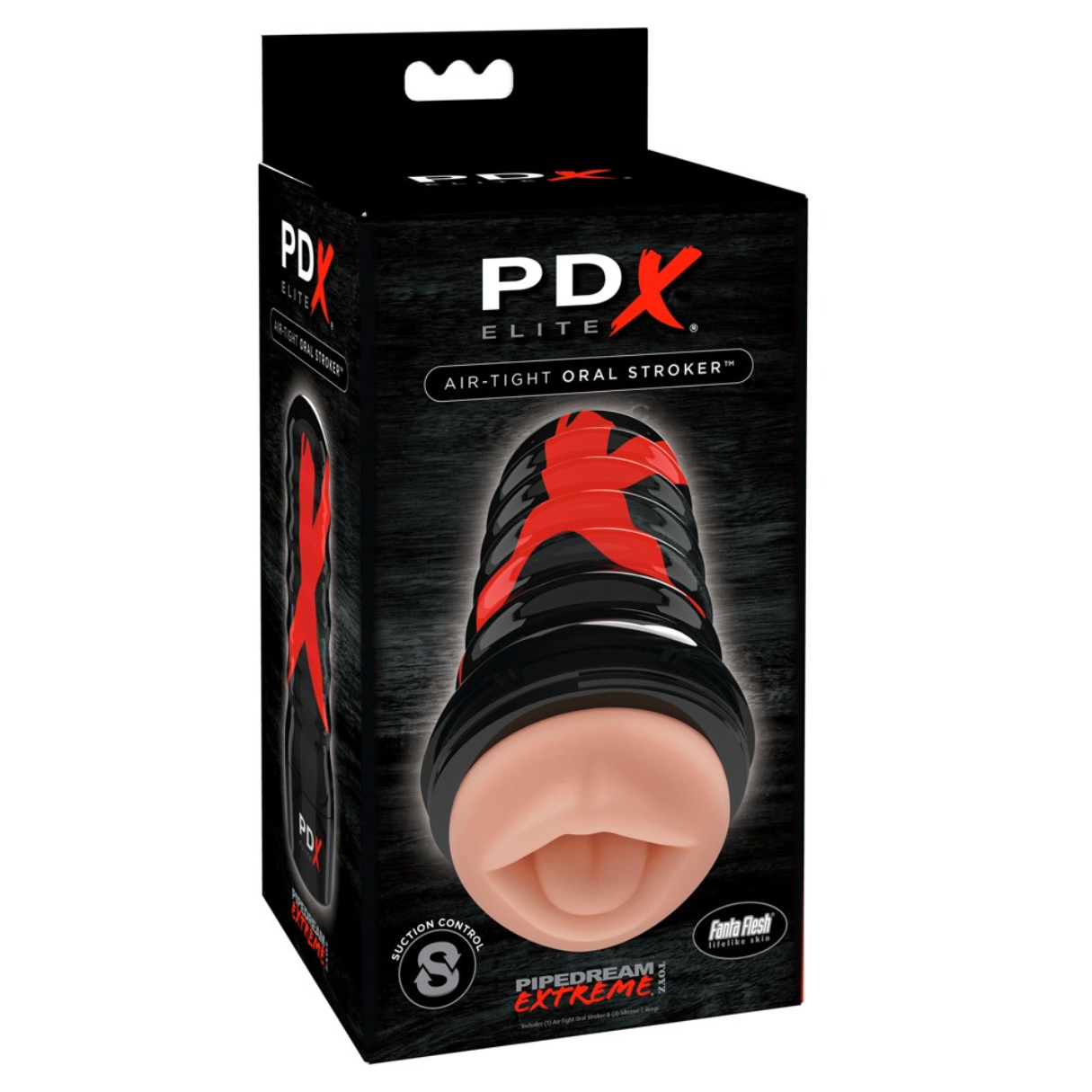 Eine schwarz-rote Box mit einem luftdichten oralen Stößel. Das Produkt ist schwarz mit einem roten X-Design und einer fleischfarbenen Öffnung.