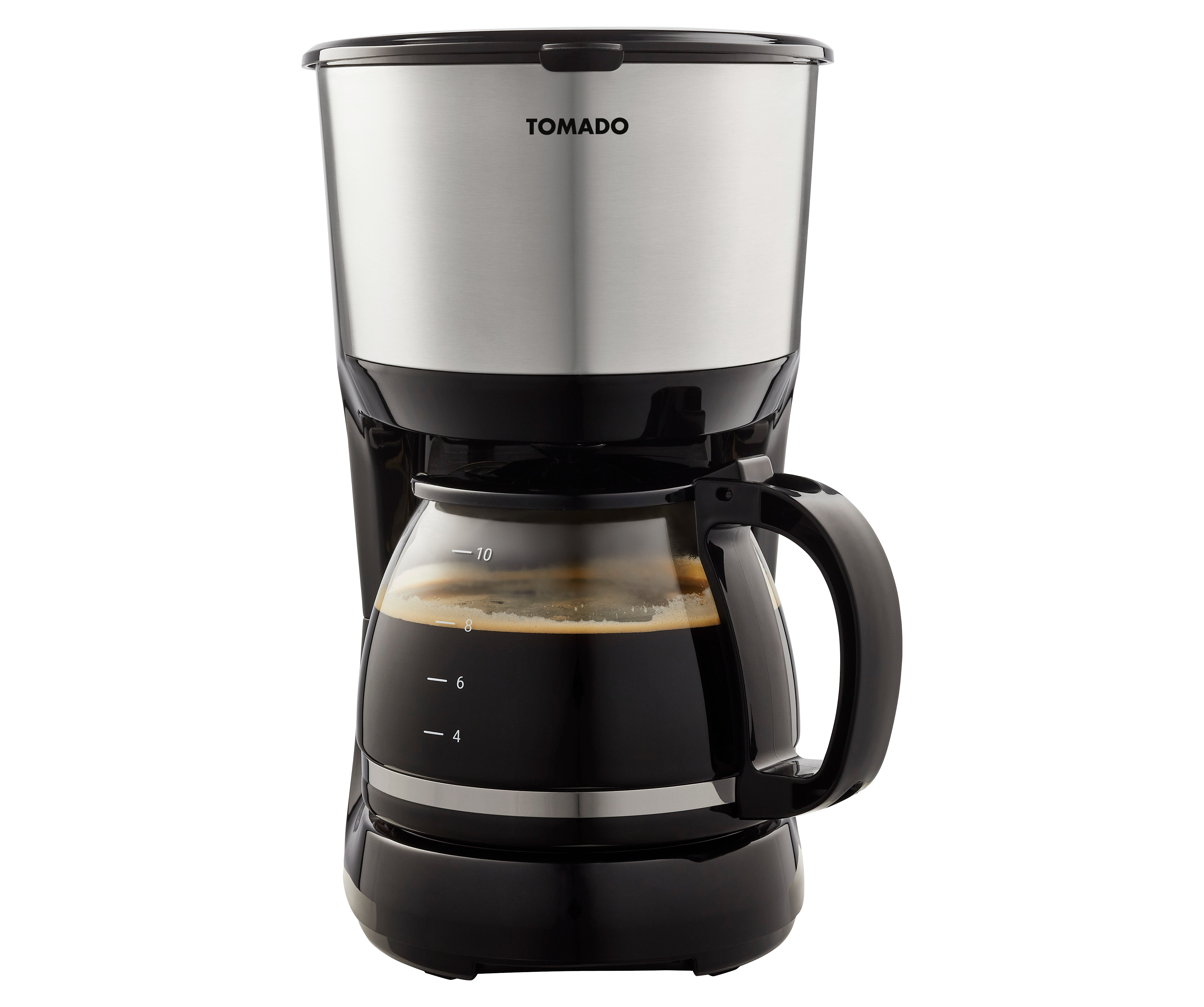 A black and silver coffee maker with a glass carafe filled with coffee. The background is white.