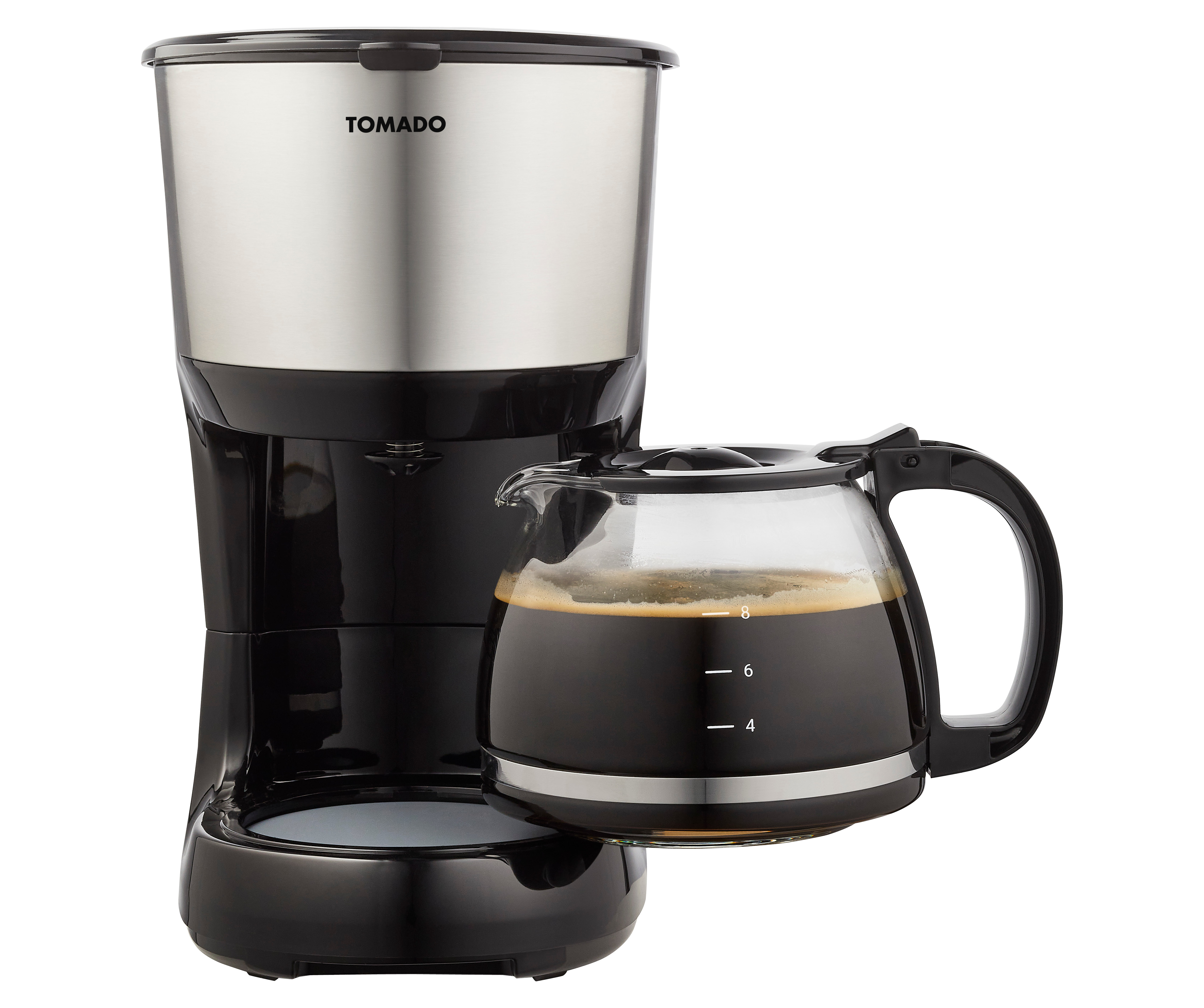 Black and silver coffee maker with a glass carafe filled with coffee. The carafe has measurement markings.