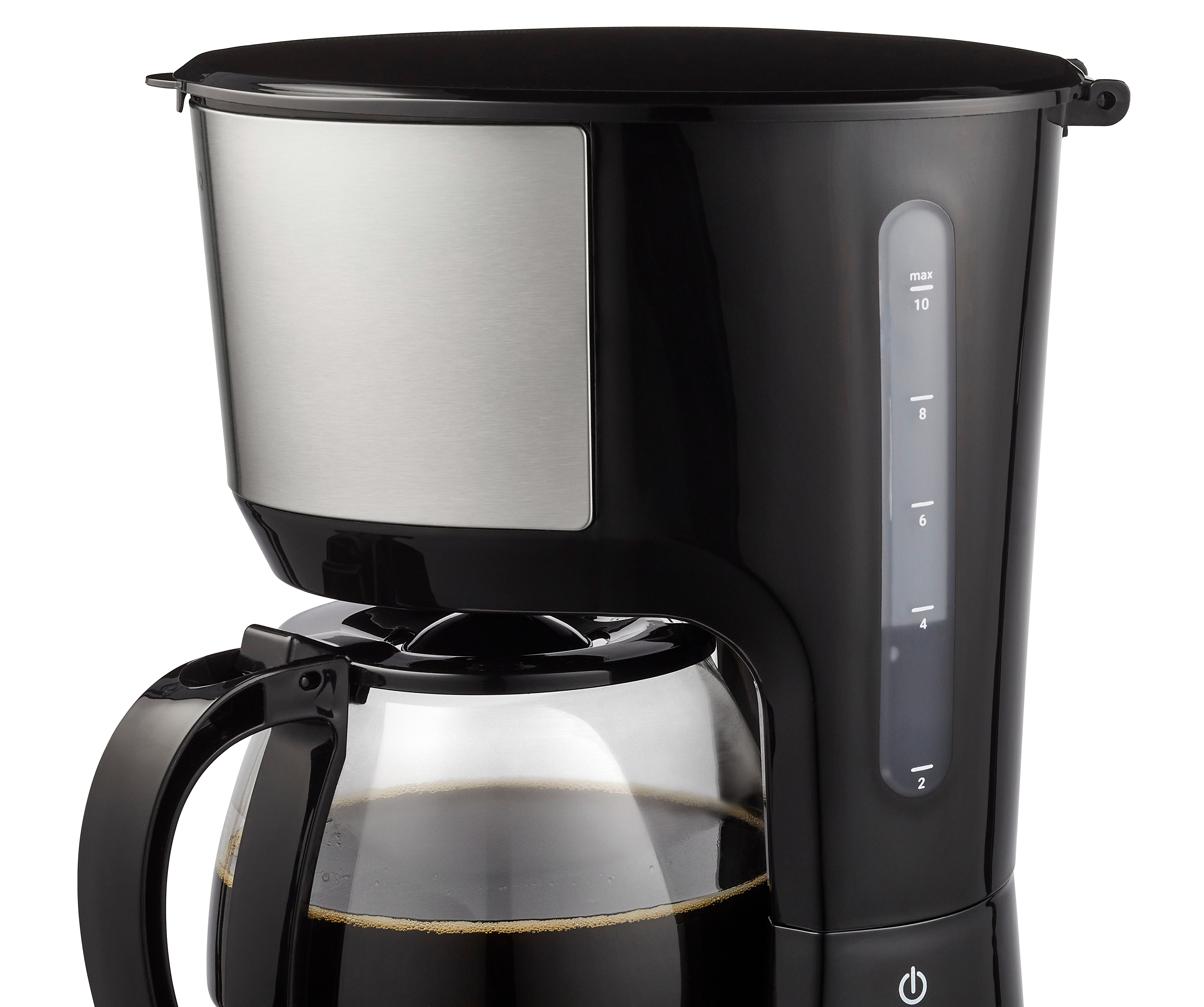 Black coffee maker with glass carafe. Has a water level indicator and a power button. White background.