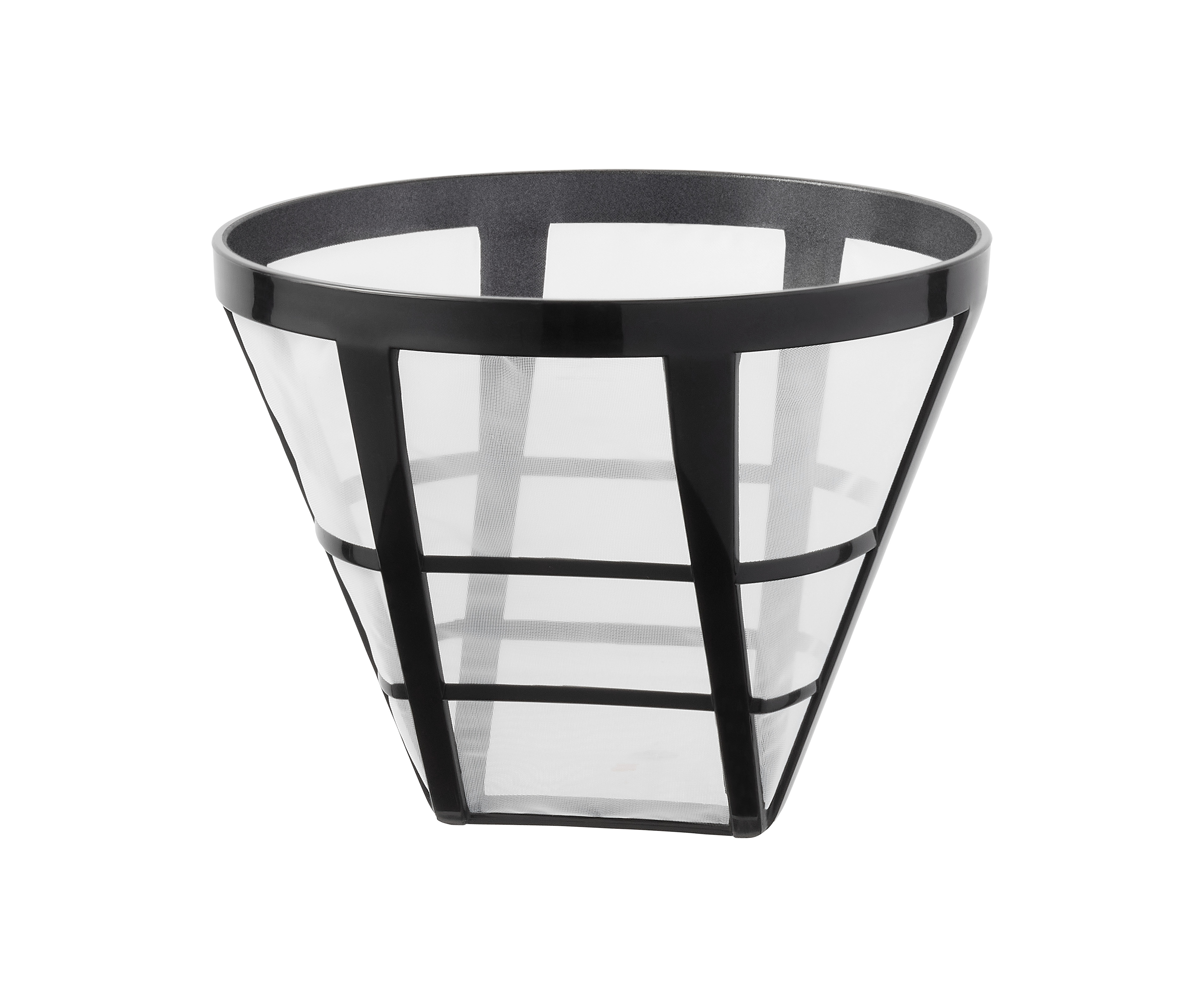 A black and white coffee filter with a mesh interior, on a white background.
