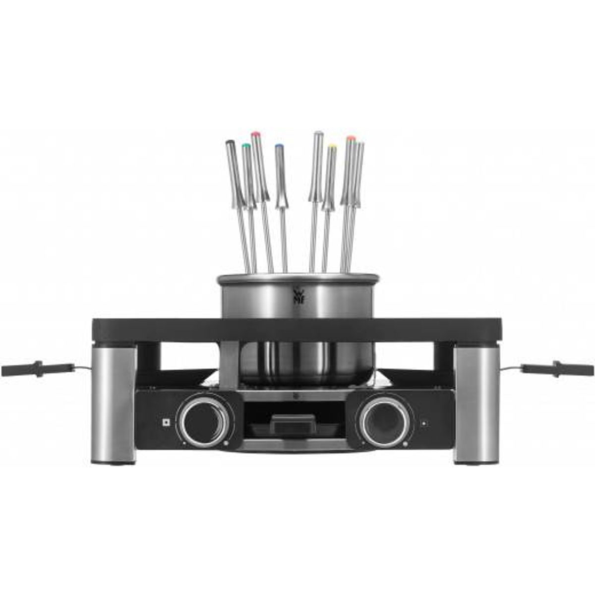 Zestaw do fondue z garnkiem, palnikiem i szpikulcami, na białym tle.