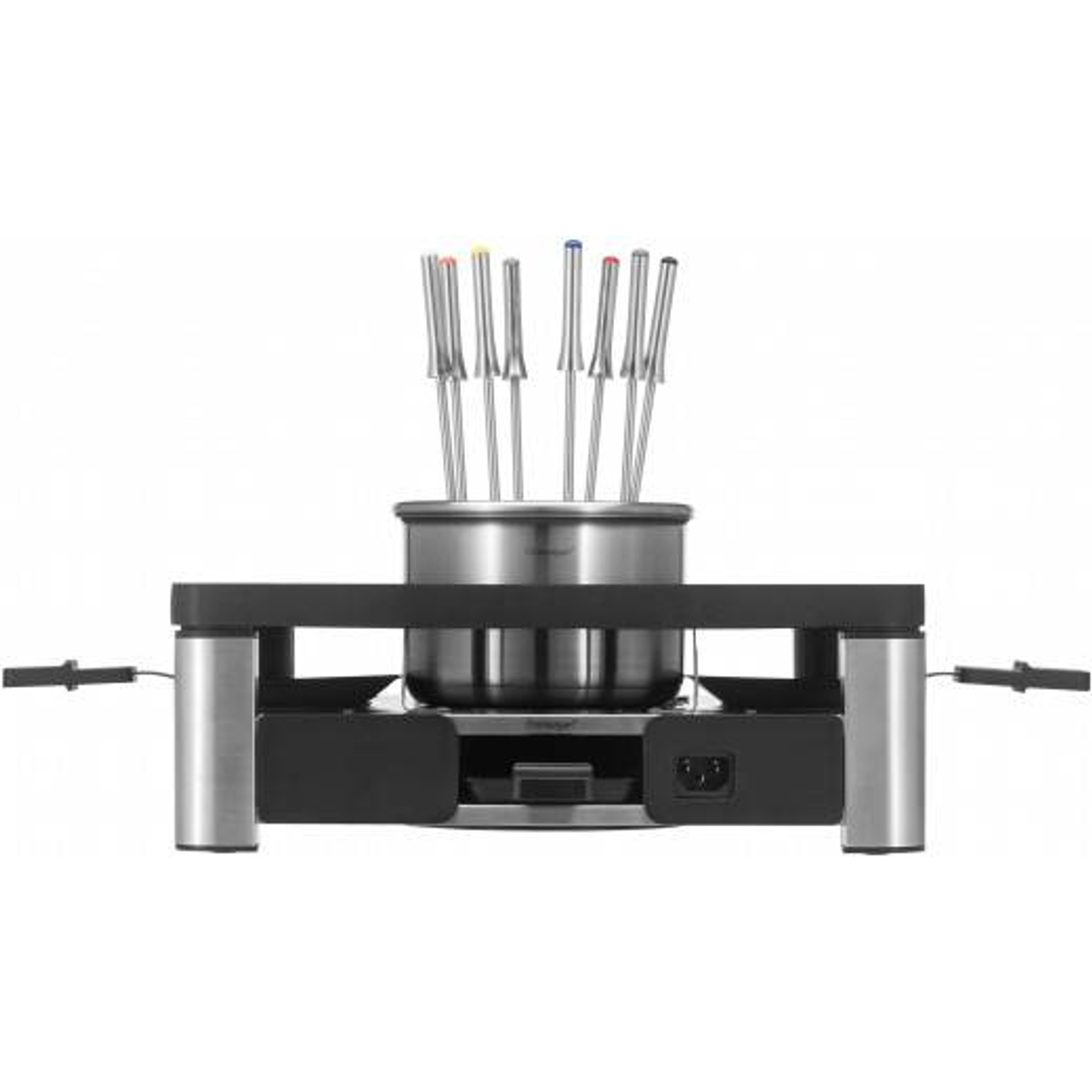 Zestaw do fondue na czarnej podstawie. Posiada garnek, widelce i palnik. Białe tło.