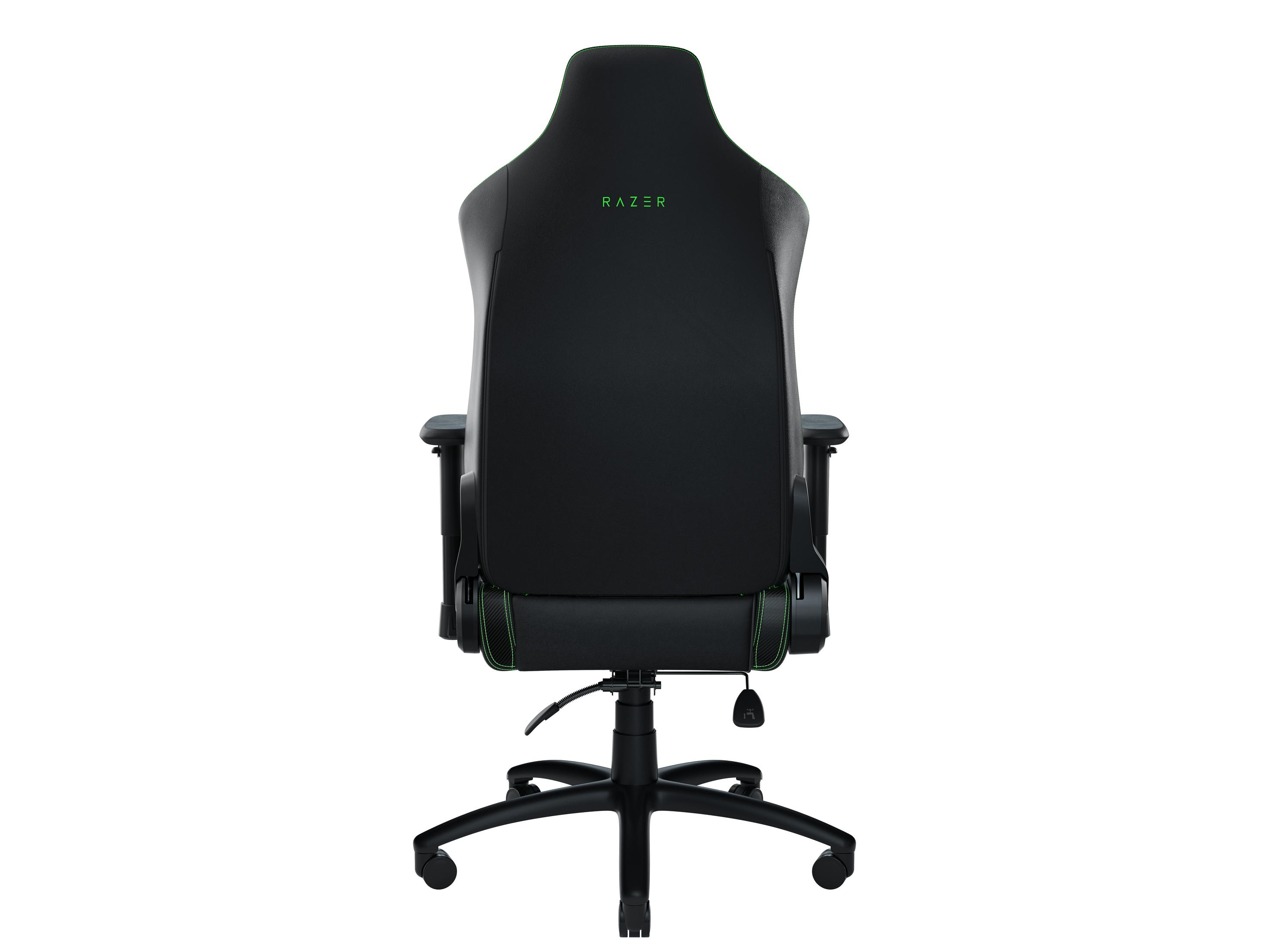 Sedia da gaming nera vista da dietro. Il logo Razer è visibile in verde sullo schienale.