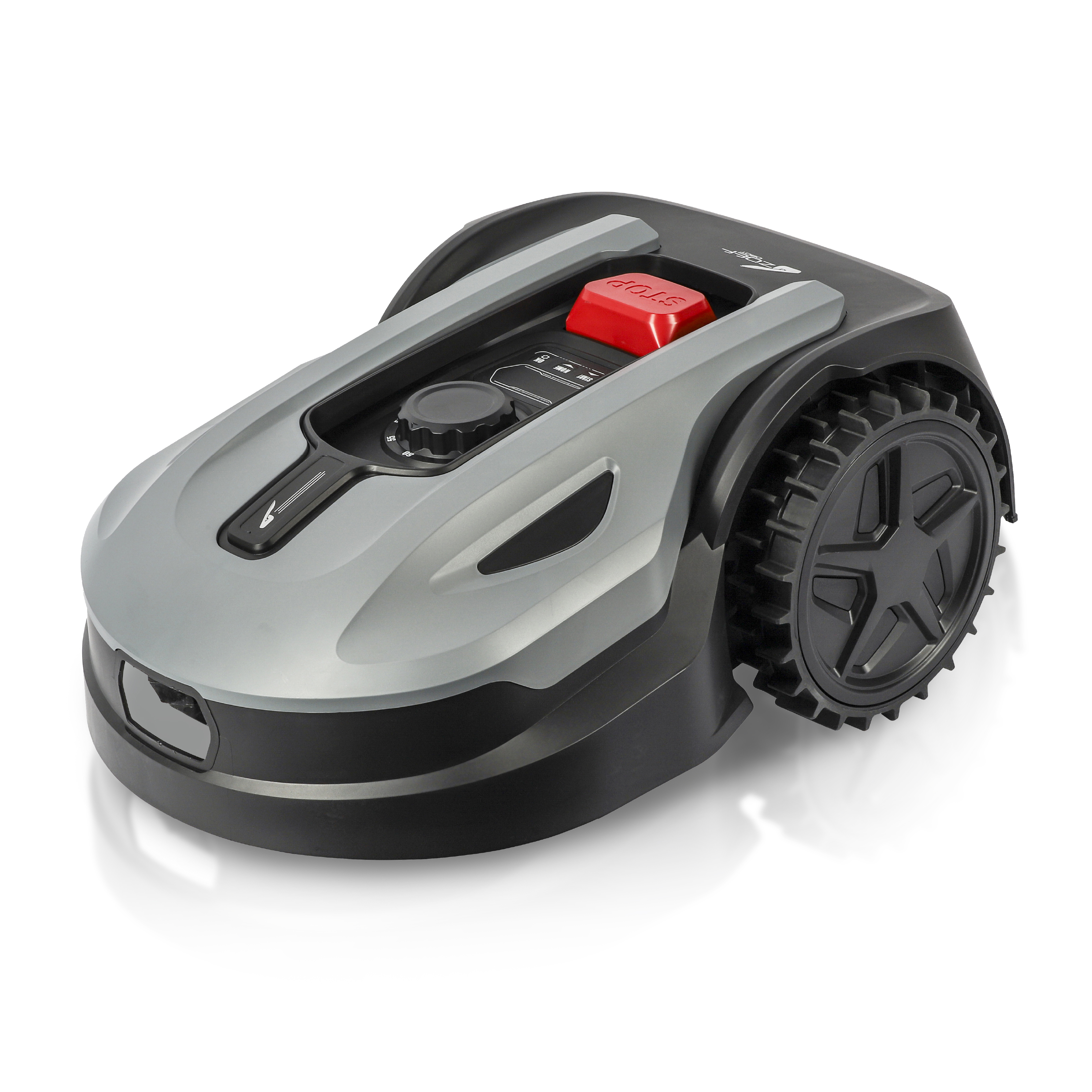 Een autonome grasmaaier in grijs en zwart. Hij heeft een rode stopknop en wielen.