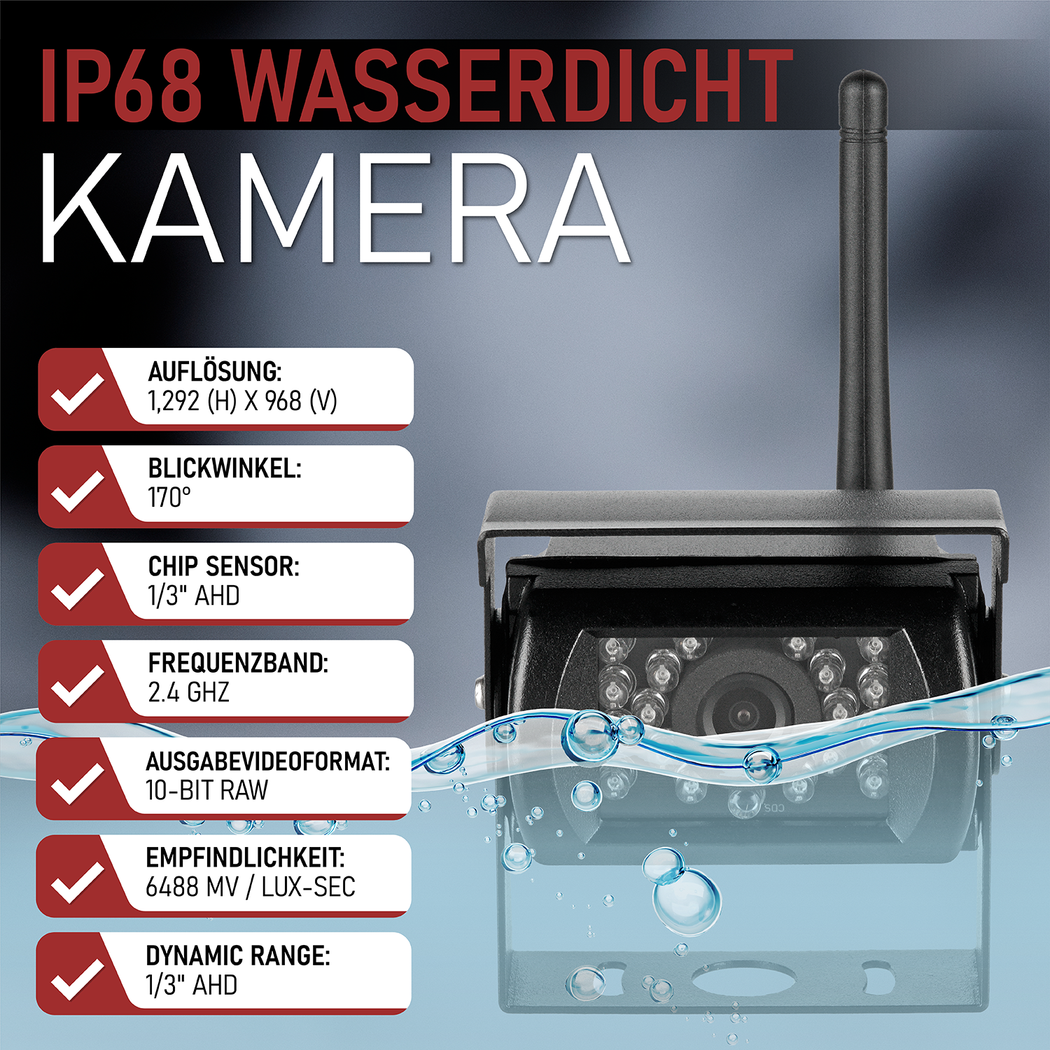 Eine schwarze wasserdichte Kamera mit Antenne und detaillierten Spezifikationen, mit Wassertropfen.